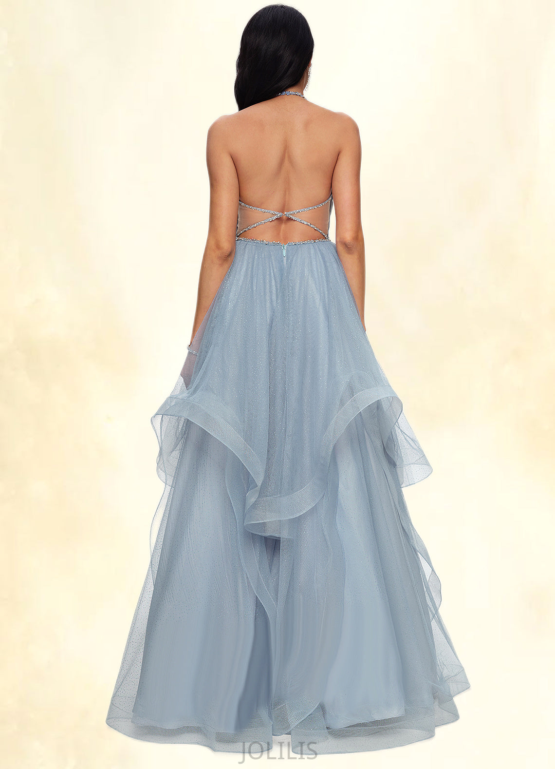 Ashleigh Ball-Gown/Princess Halter V-Neck Floor-Length Tulle Prom Dresses With Beading Rhinestone Sequins HIP0022199