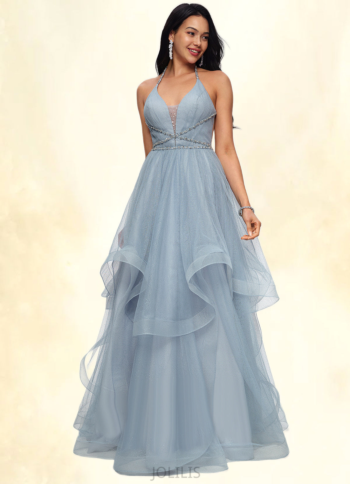 Ashleigh Ball-Gown/Princess Halter V-Neck Floor-Length Tulle Prom Dresses With Beading Rhinestone Sequins HIP0022199