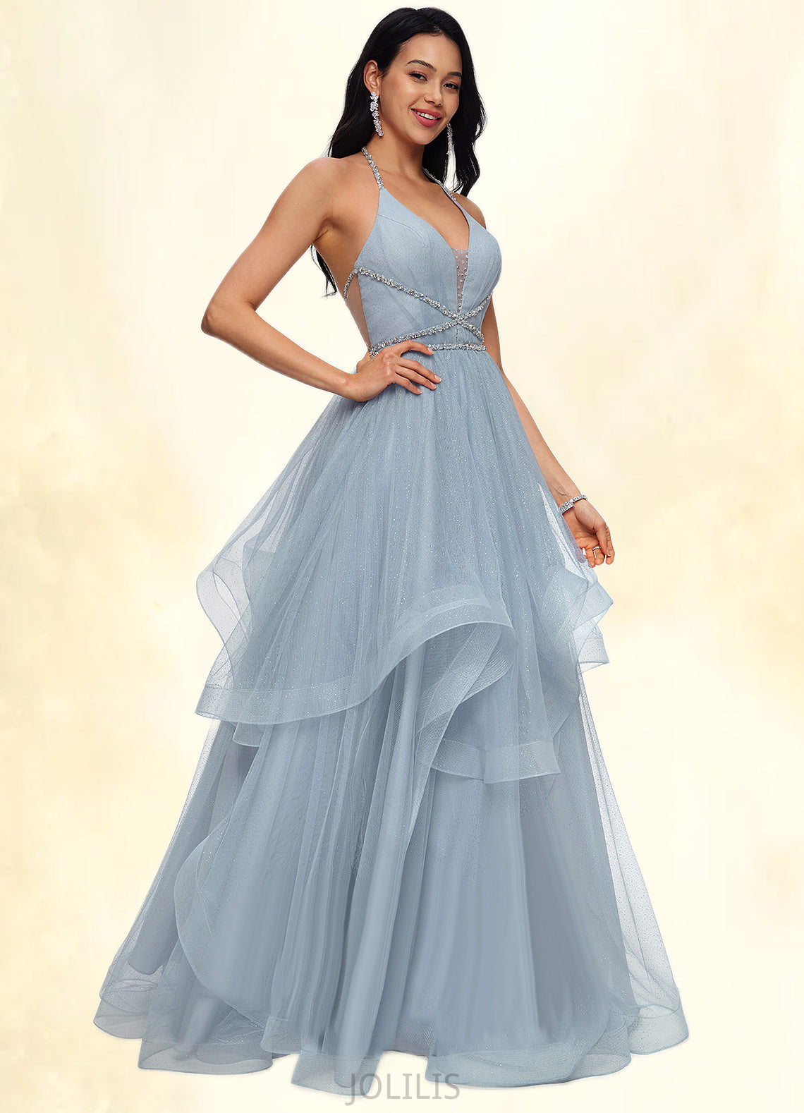 Ashleigh Ball-Gown/Princess Halter V-Neck Floor-Length Tulle Prom Dresses With Beading Rhinestone Sequins HIP0022199