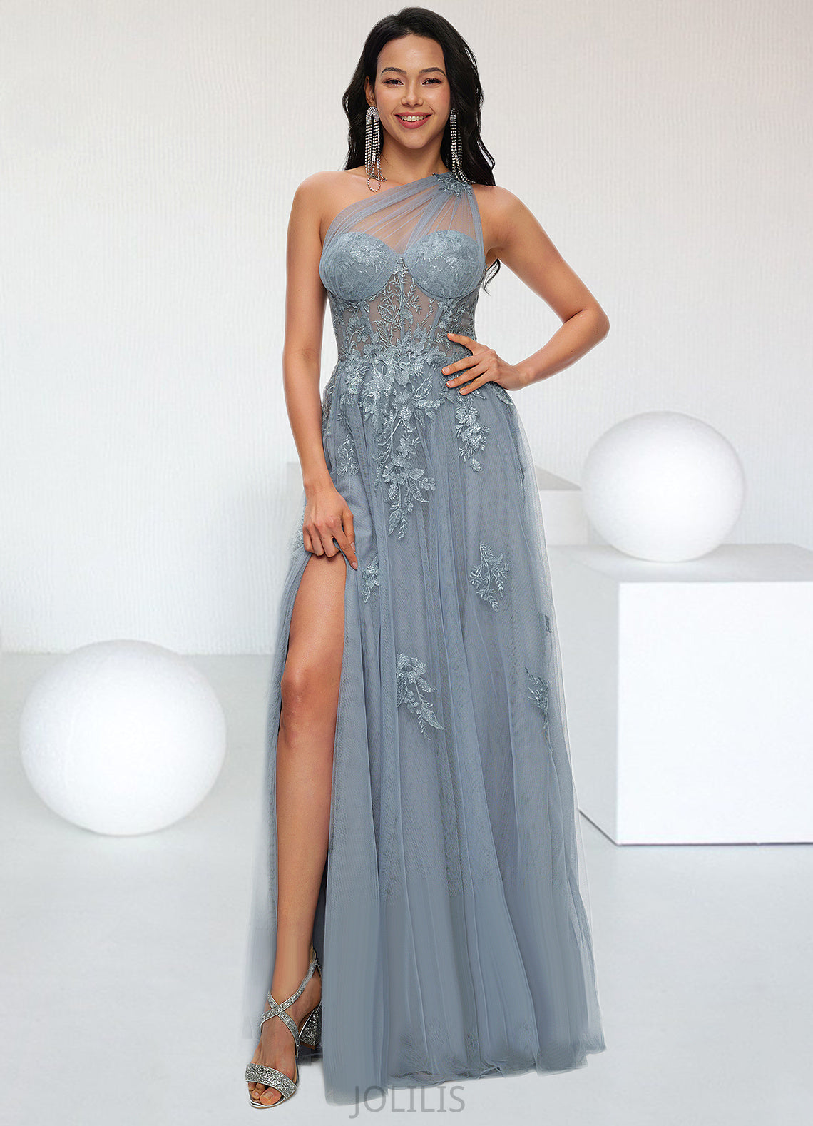 Kaila A-line One Shoulder Floor-Length Tulle Prom Dresses With Appliques Lace Sequins HIP0022200