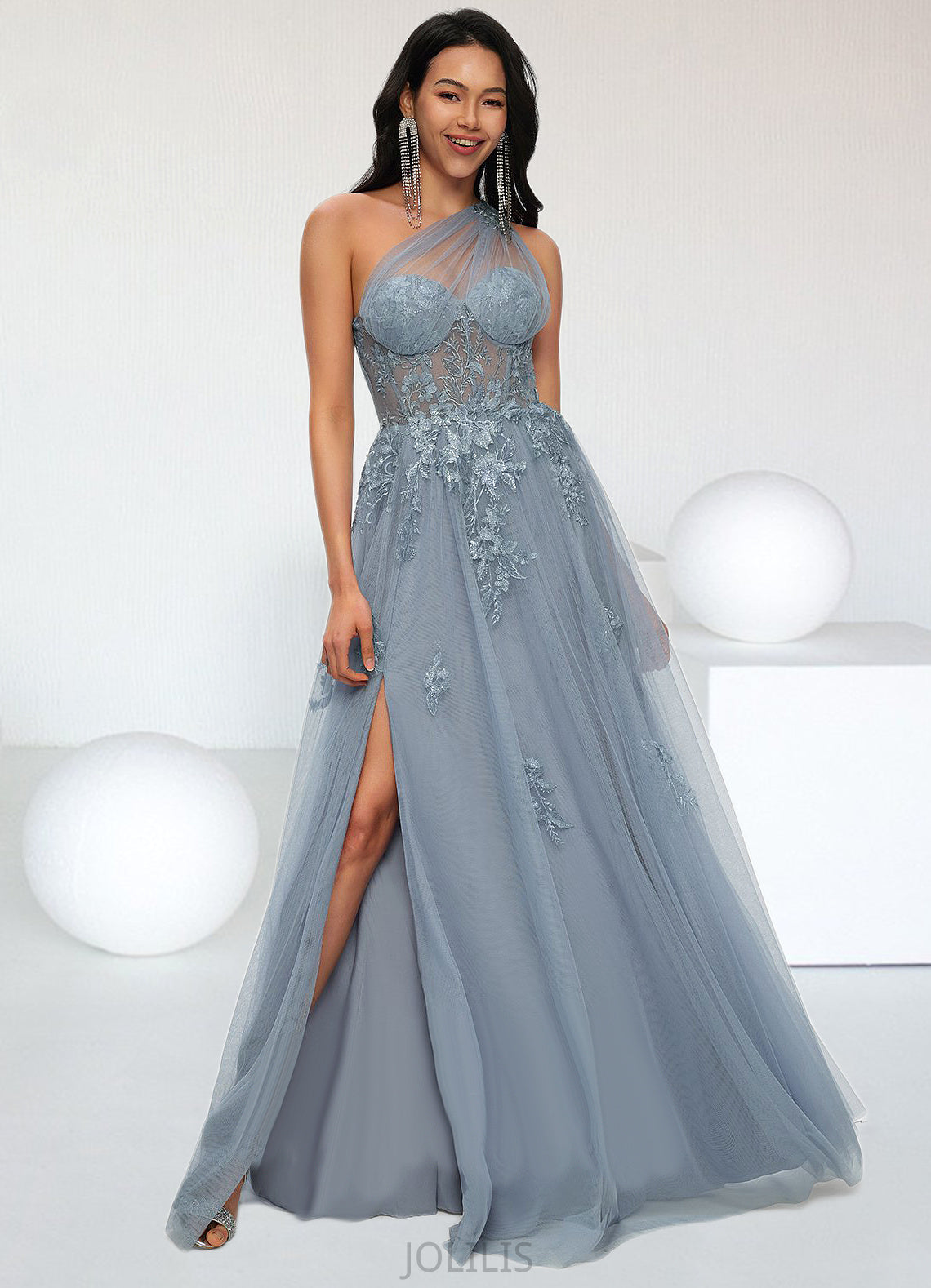 Kaila A-line One Shoulder Floor-Length Tulle Prom Dresses With Appliques Lace Sequins HIP0022200