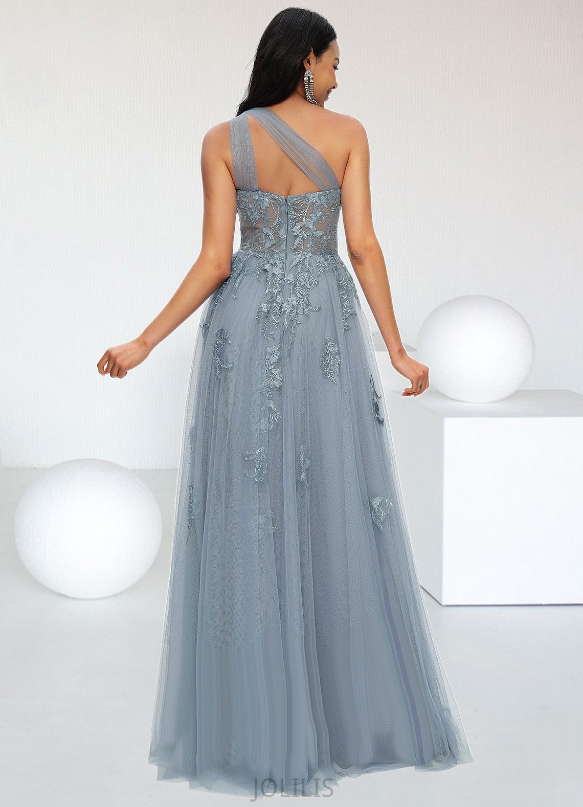 Kaila A-line One Shoulder Floor-Length Tulle Prom Dresses With Appliques Lace Sequins HIP0022200