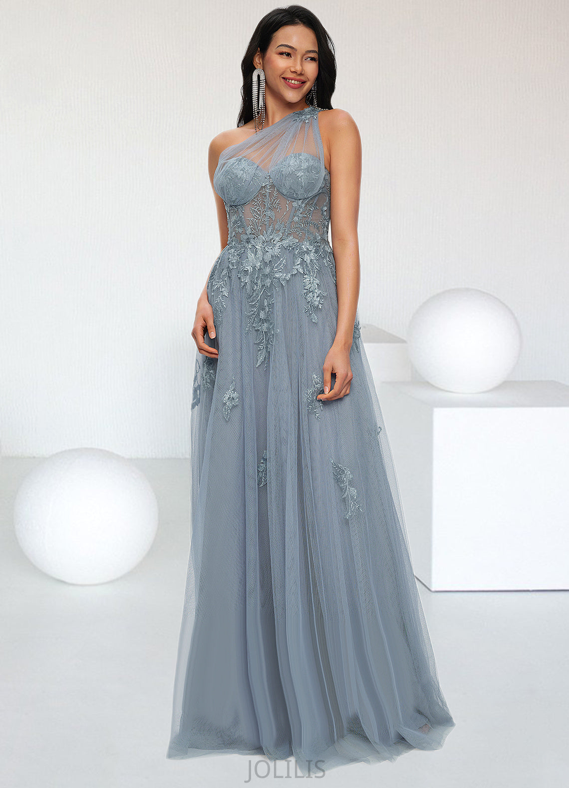 Kaila A-line One Shoulder Floor-Length Tulle Prom Dresses With Appliques Lace Sequins HIP0022200