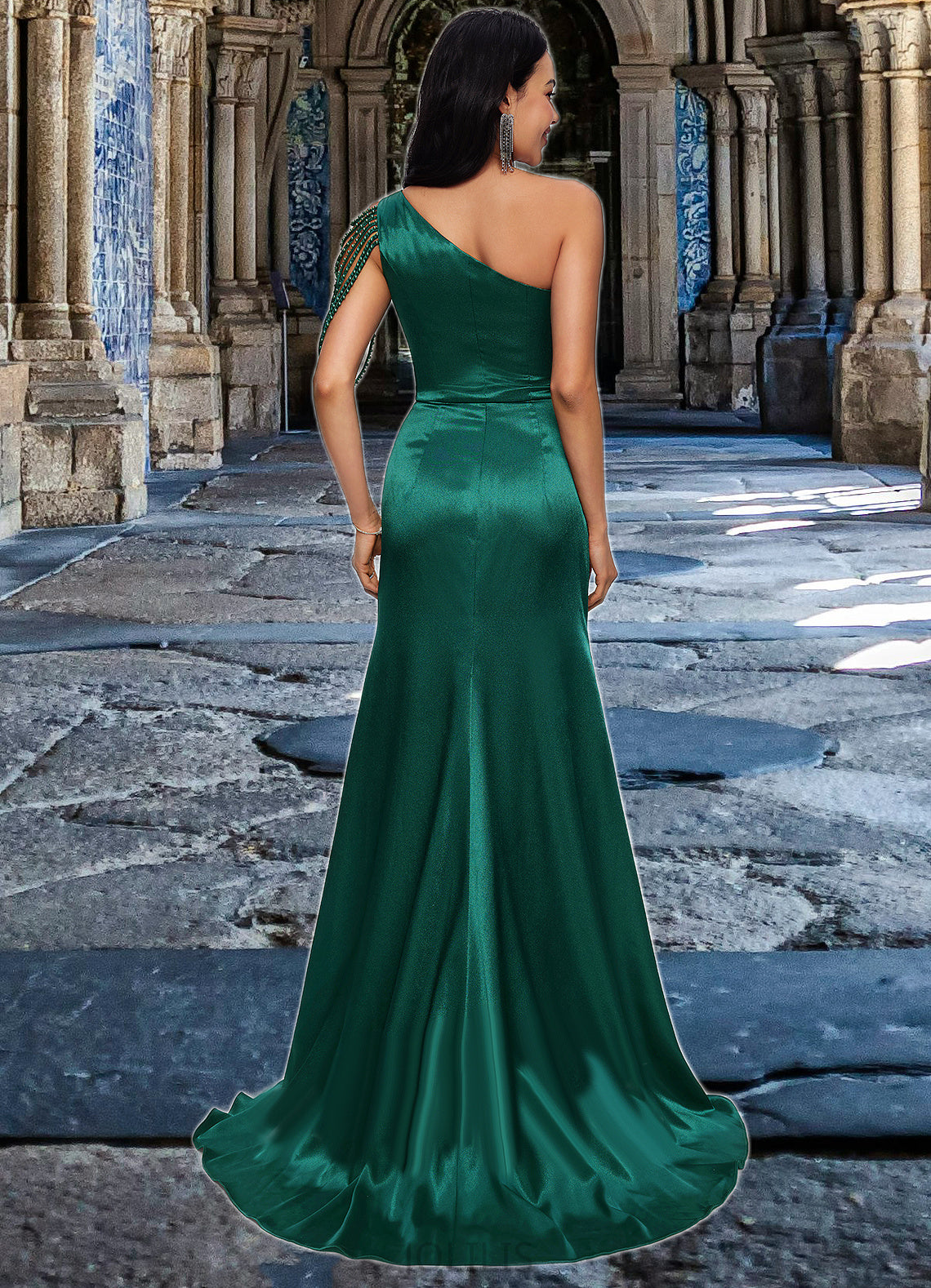 Melanie Trumpet/Mermaid One Shoulder Sweep Train Stretch Satin Prom Dresses With Beading HIP0022205