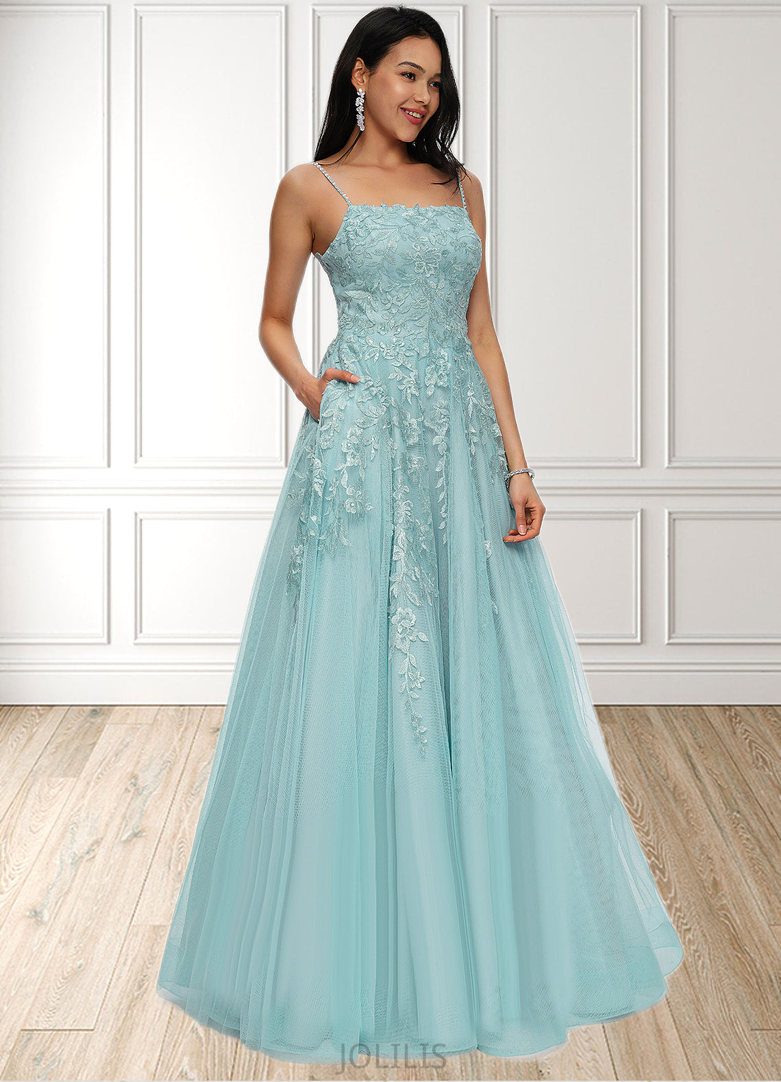 Julia Ball-Gown/Princess Straight Floor-Length Tulle Prom Dresses With Appliques Lace Sequins HIP0022206