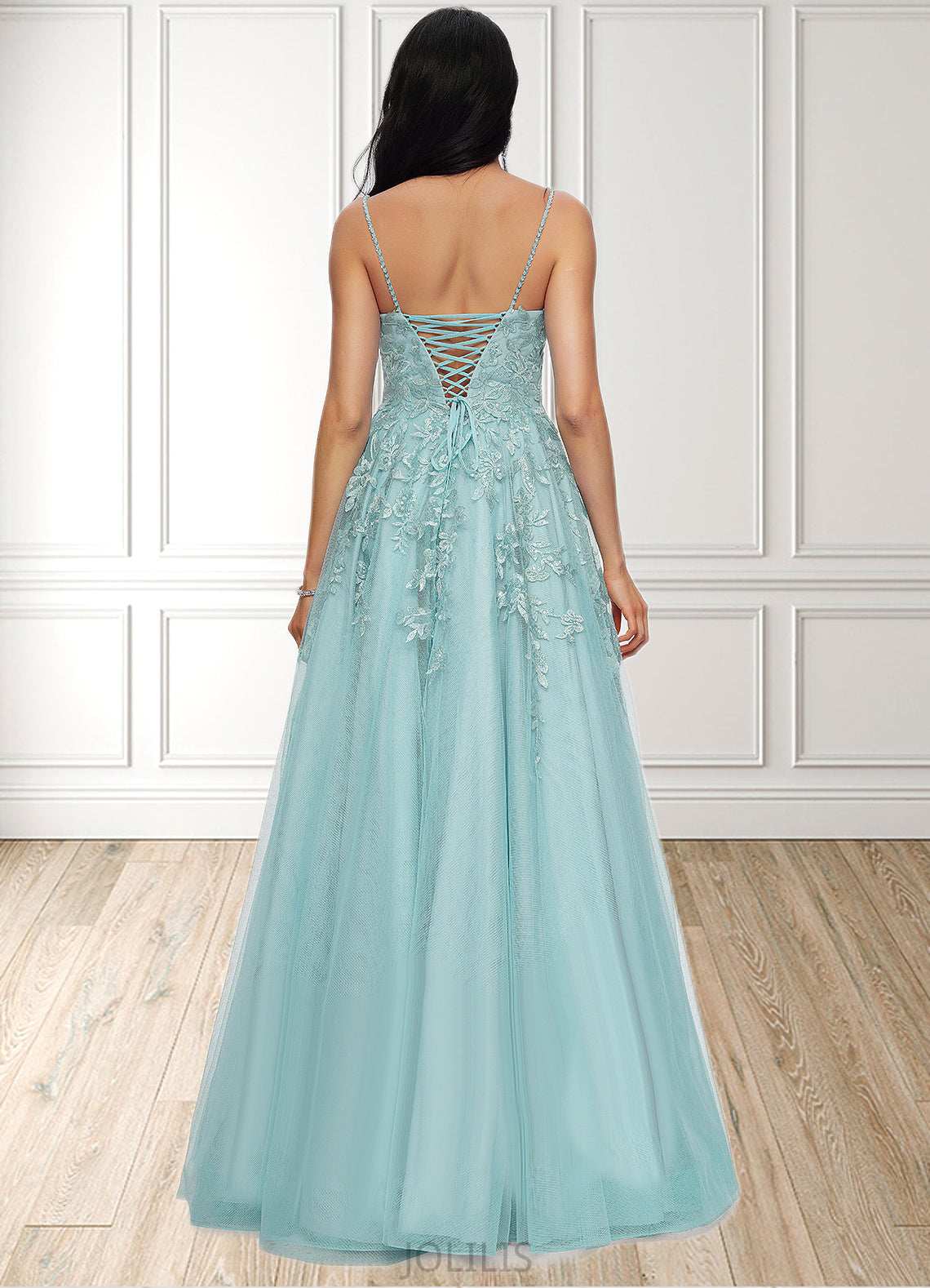 Julia Ball-Gown/Princess Straight Floor-Length Tulle Prom Dresses With Appliques Lace Sequins HIP0022206