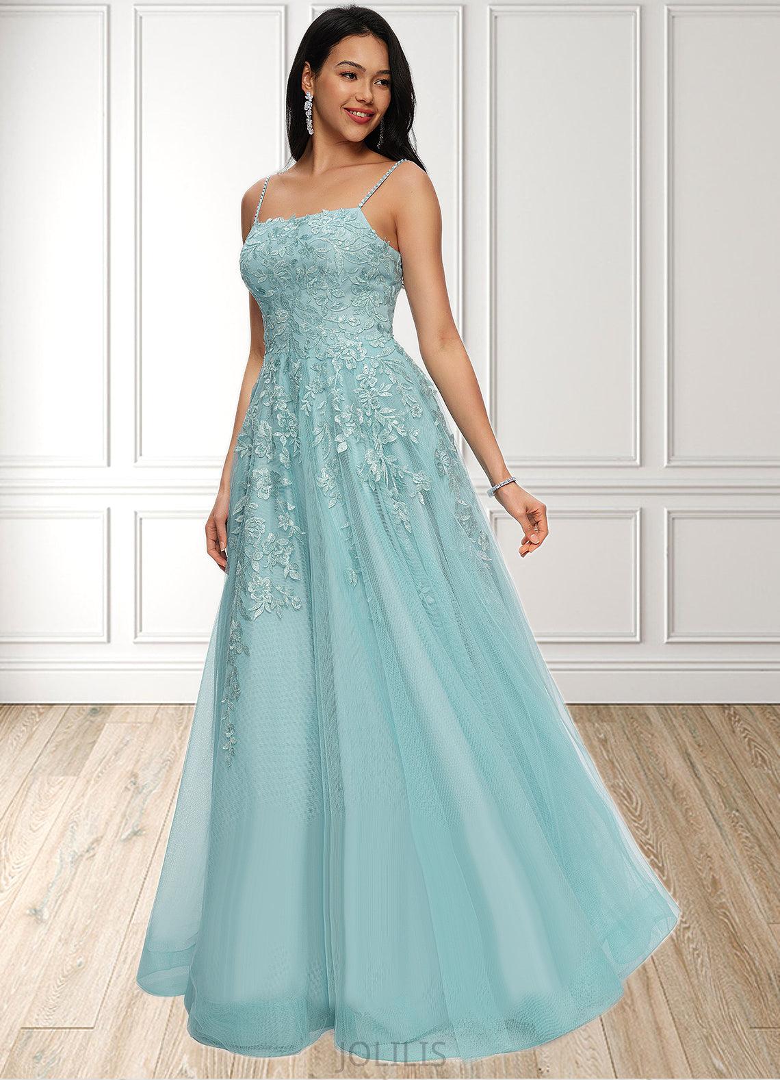 Julia Ball-Gown/Princess Straight Floor-Length Tulle Prom Dresses With Appliques Lace Sequins HIP0022206