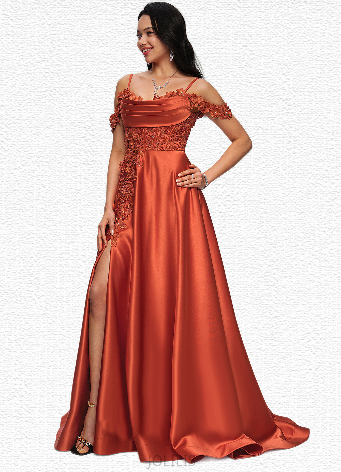 Cadence A-line Off the Shoulder Sweep Train Satin Prom Dresses With Rhinestone HIP0022208