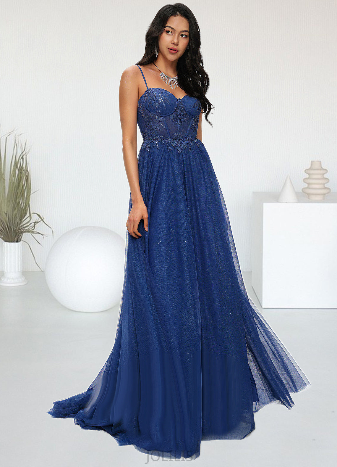 Rose Ball-Gown/Princess Sweetheart Sweep Train Tulle Prom Dresses With Appliques Lace Sequins HIP0022210