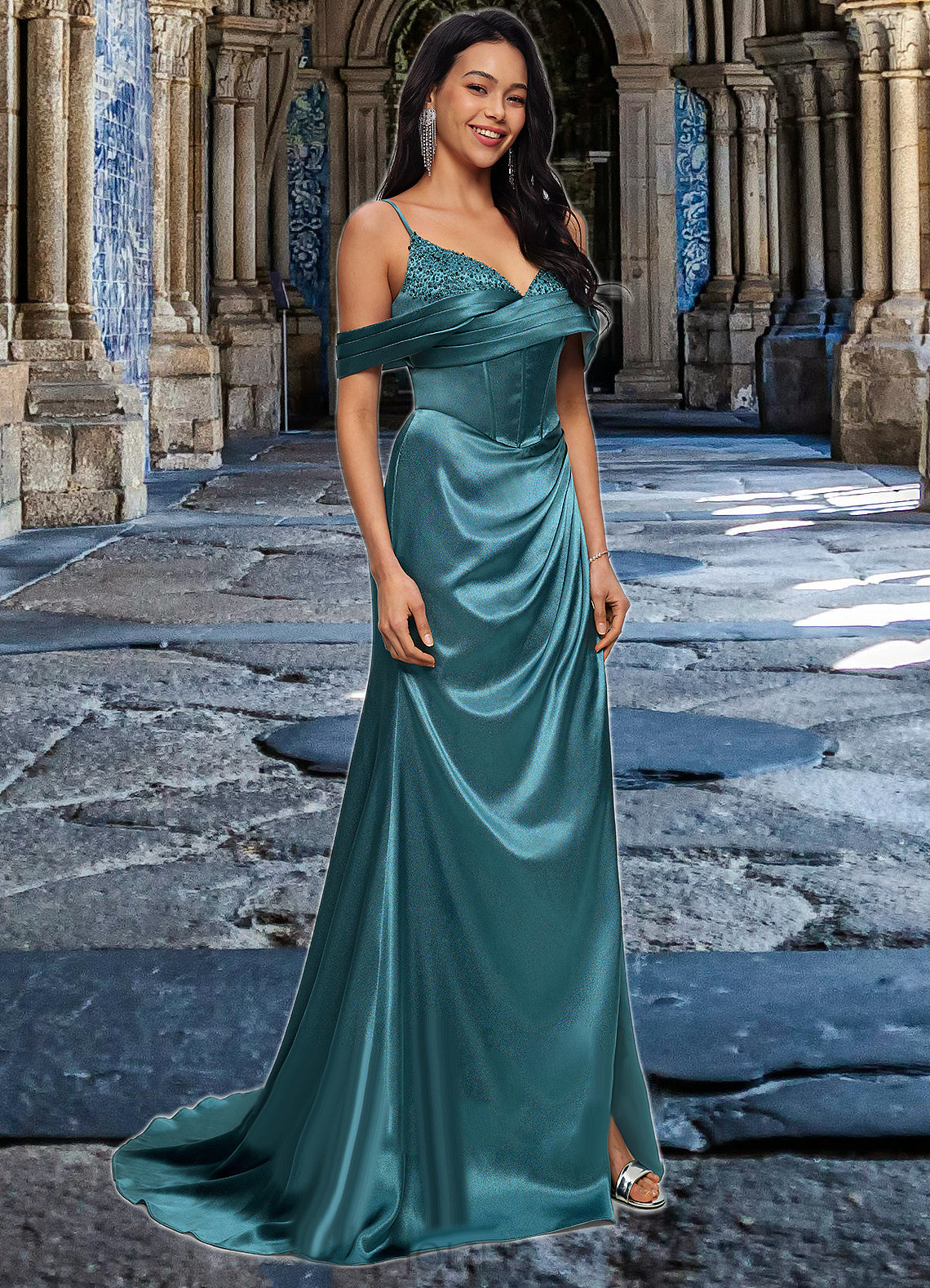 Julissa Trumpet/Mermaid V-Neck Sweep Train Stretch Satin Prom Dresses With Beading Rhinestone Sequins HIP0022213