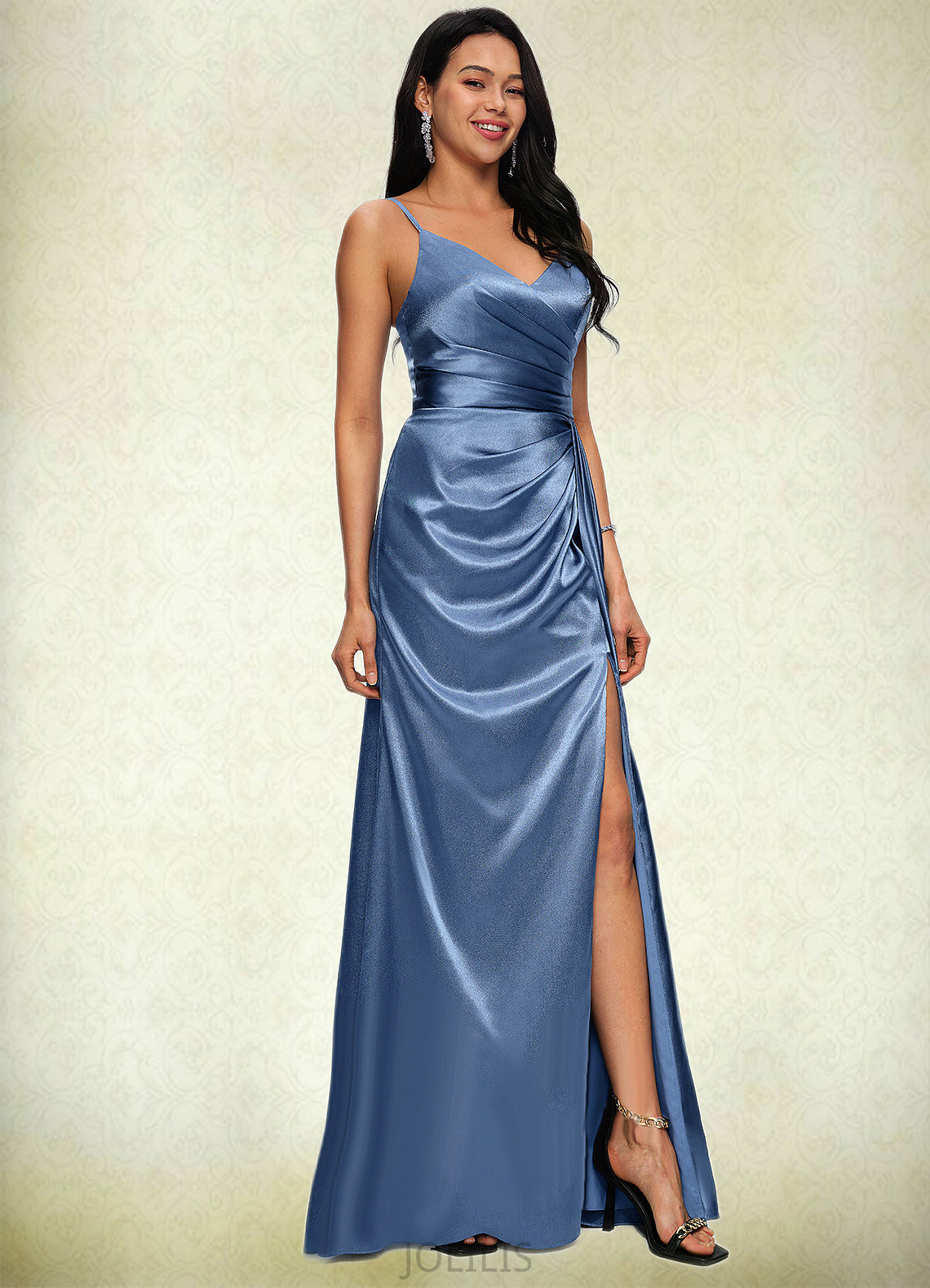 Sydney Sheath/Column V-Neck Floor-Length Stretch Satin Prom Dresses With Pleated HIP0022214