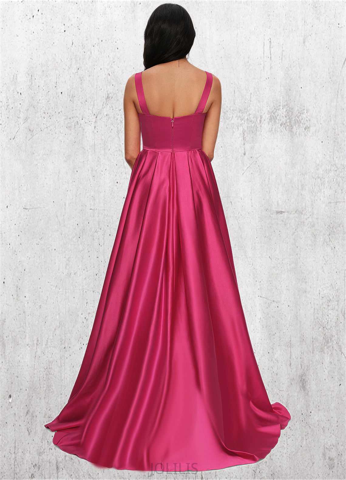 Jaida Ball-Gown/Princess V-Neck Sweep Train Satin Prom Dresses HIP0022215