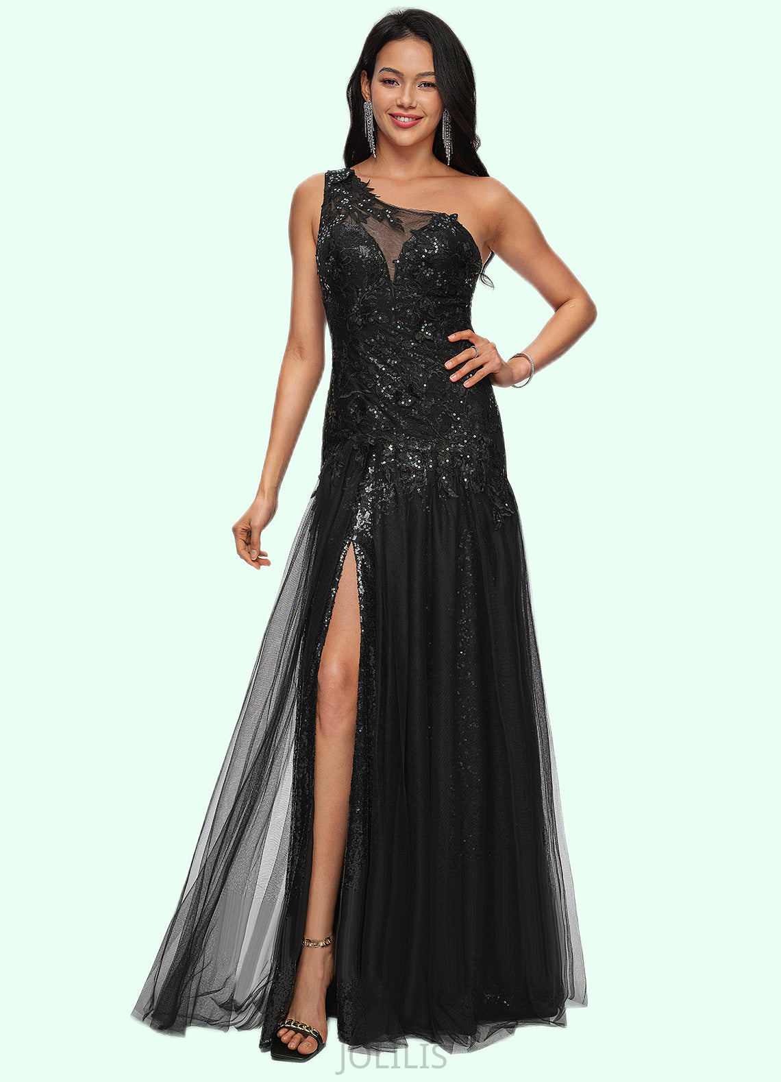 Aracely Trumpet/Mermaid One Shoulder Illusion Floor-Length Lace Tulle Prom Dresses With Sequins HIP0022217