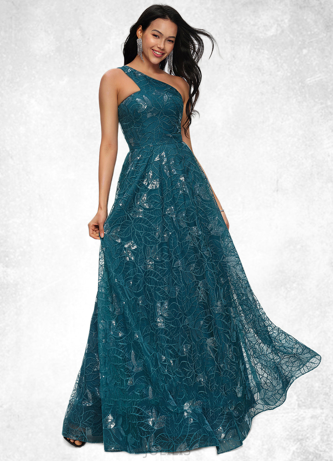 Taryn A-line Asymmetrical Floor-Length Lace Prom Dresses With Sequins HIP0022219