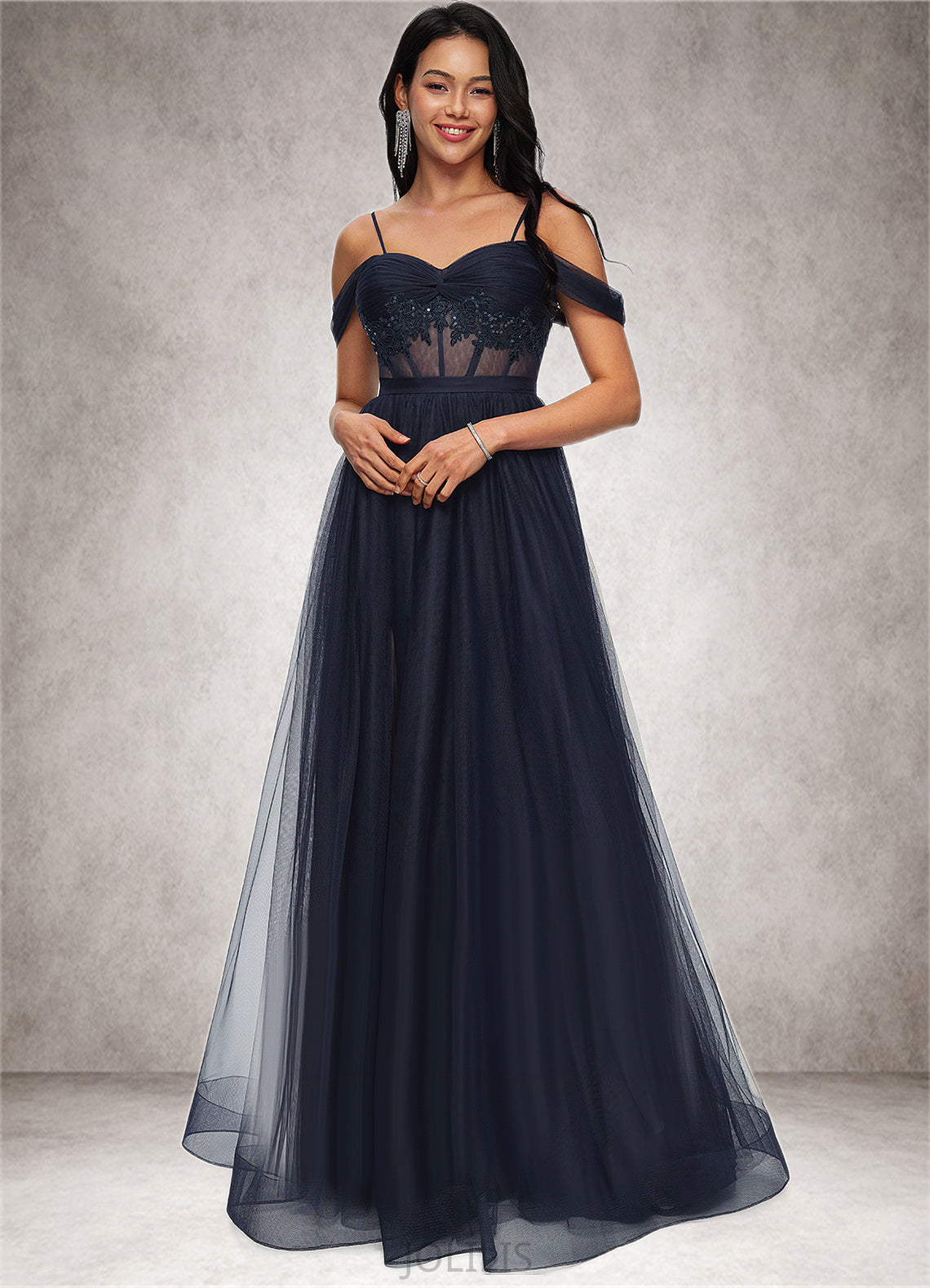 Kadence Ball-Gown/Princess Off the Shoulder Floor-Length Tulle Prom Dresses With Appliques Lace Sequins HIP0022221