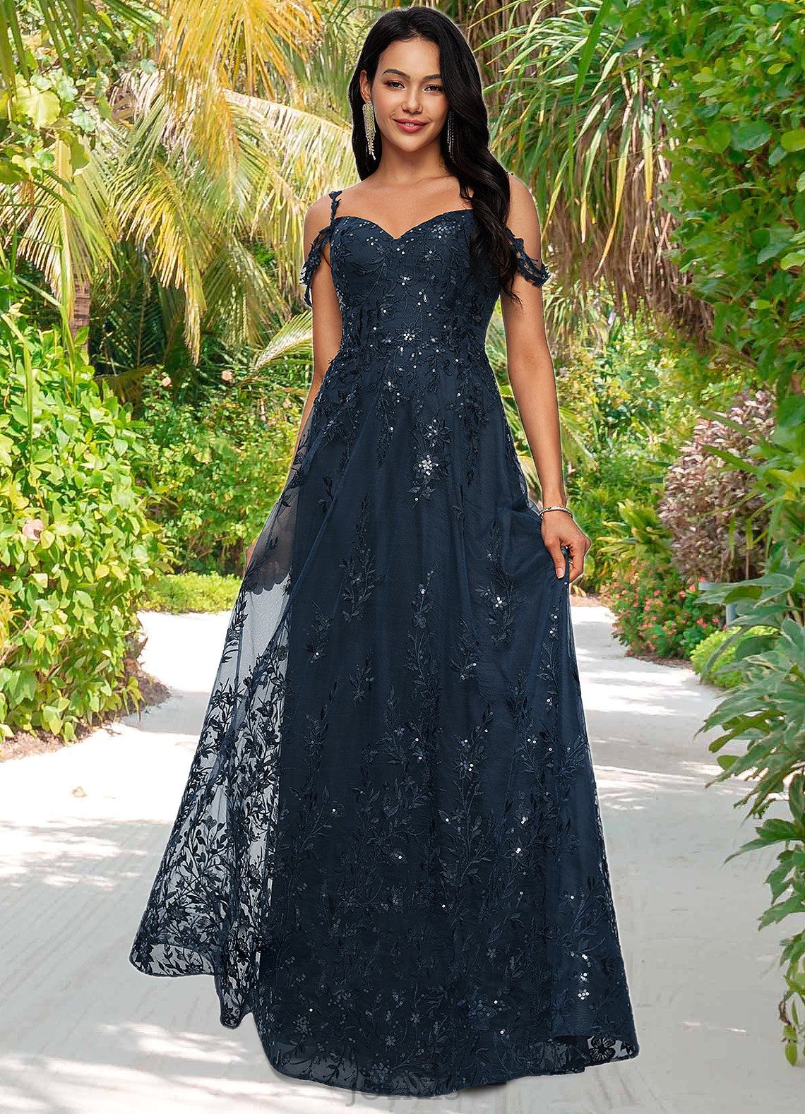 Alicia A-line V-Neck Floor-Length Lace Prom Dresses With Sequins HIP0022222