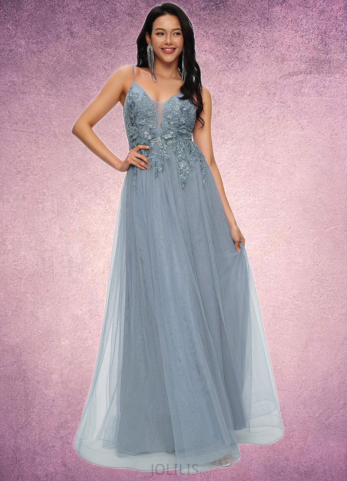 Cecelia A-line V-Neck Floor-Length Tulle Prom Dresses With Appliques Lace Sequins HIP0022223