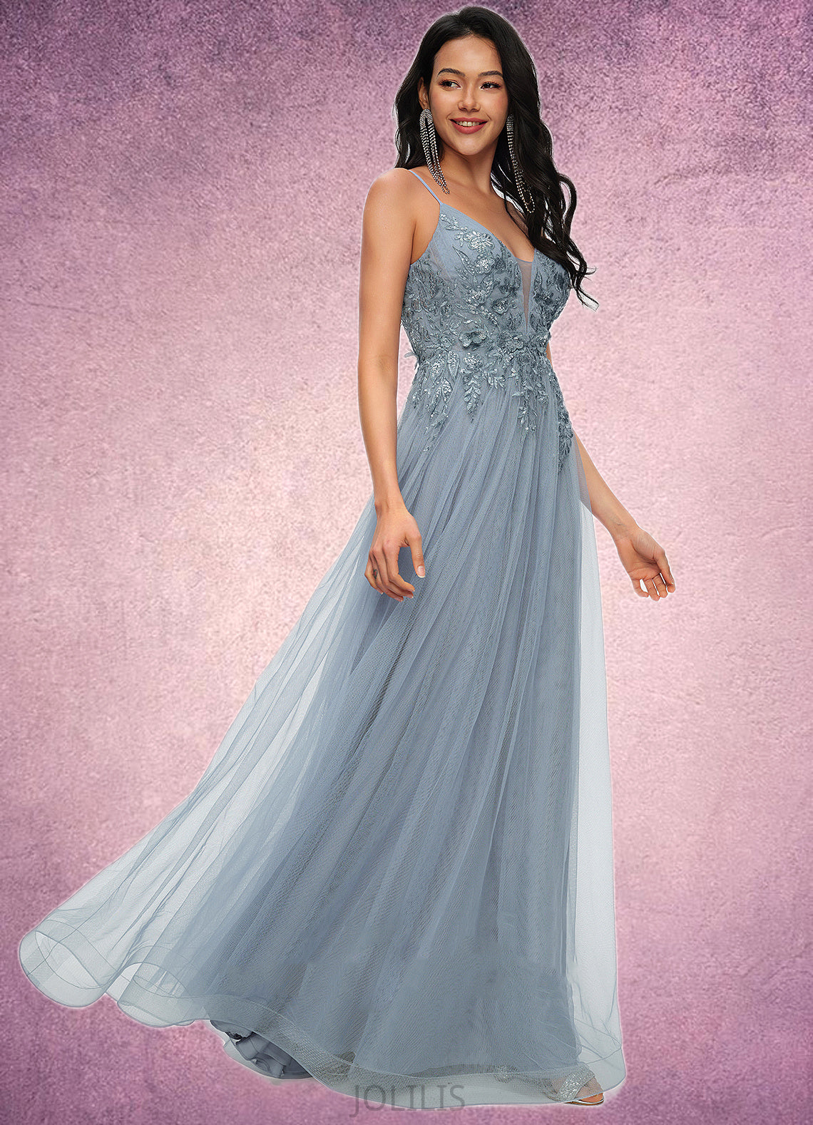 Cecelia A-line V-Neck Floor-Length Tulle Prom Dresses With Appliques Lace Sequins HIP0022223