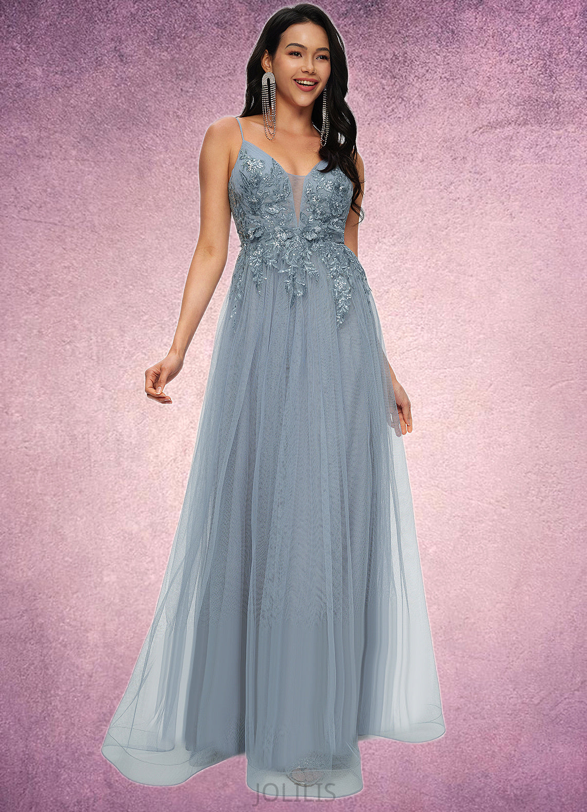 Cecelia A-line V-Neck Floor-Length Tulle Prom Dresses With Appliques Lace Sequins HIP0022223