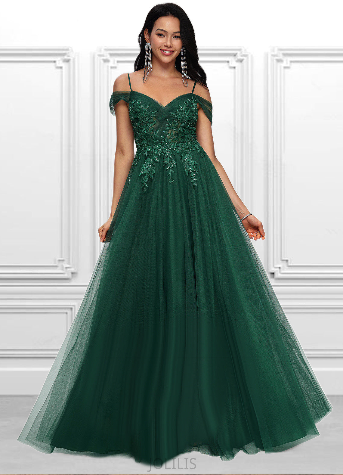 Piper A-line Off the Shoulder Floor-Length Tulle Prom Dresses With Appliques Lace Sequins HIP0022231