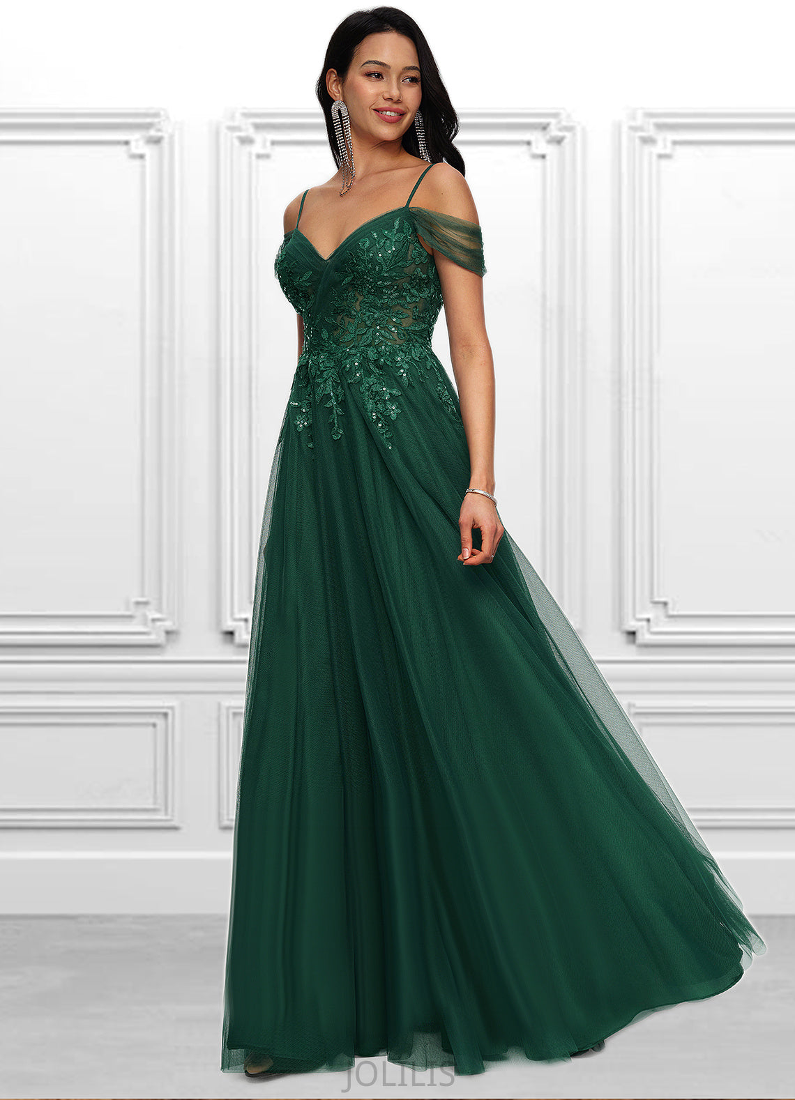 Piper A-line Off the Shoulder Floor-Length Tulle Prom Dresses With Appliques Lace Sequins HIP0022231