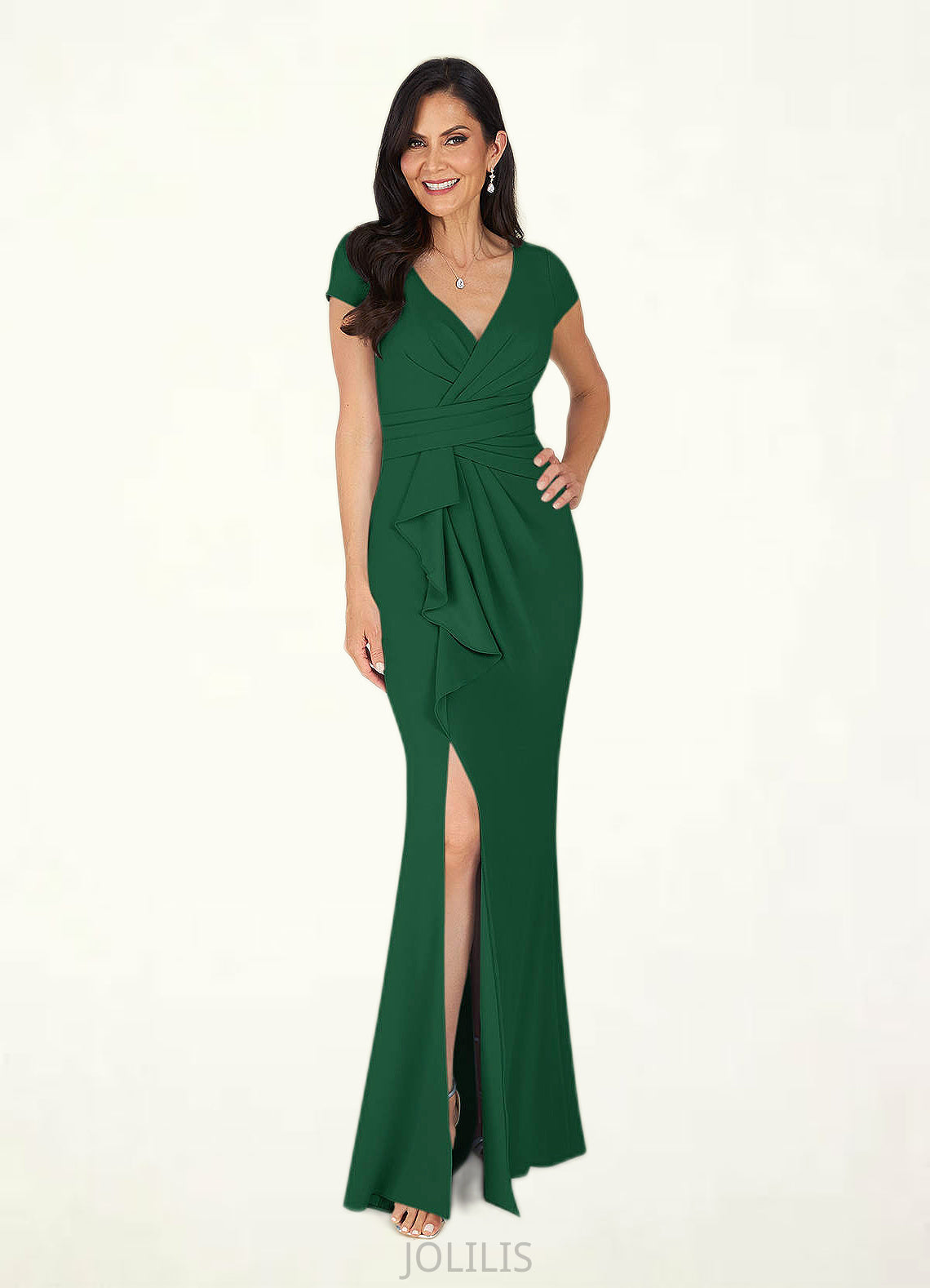 Riya Mermaid V-Neck Pleated Stretch Crepe Floor-Length Dress HIP0022649