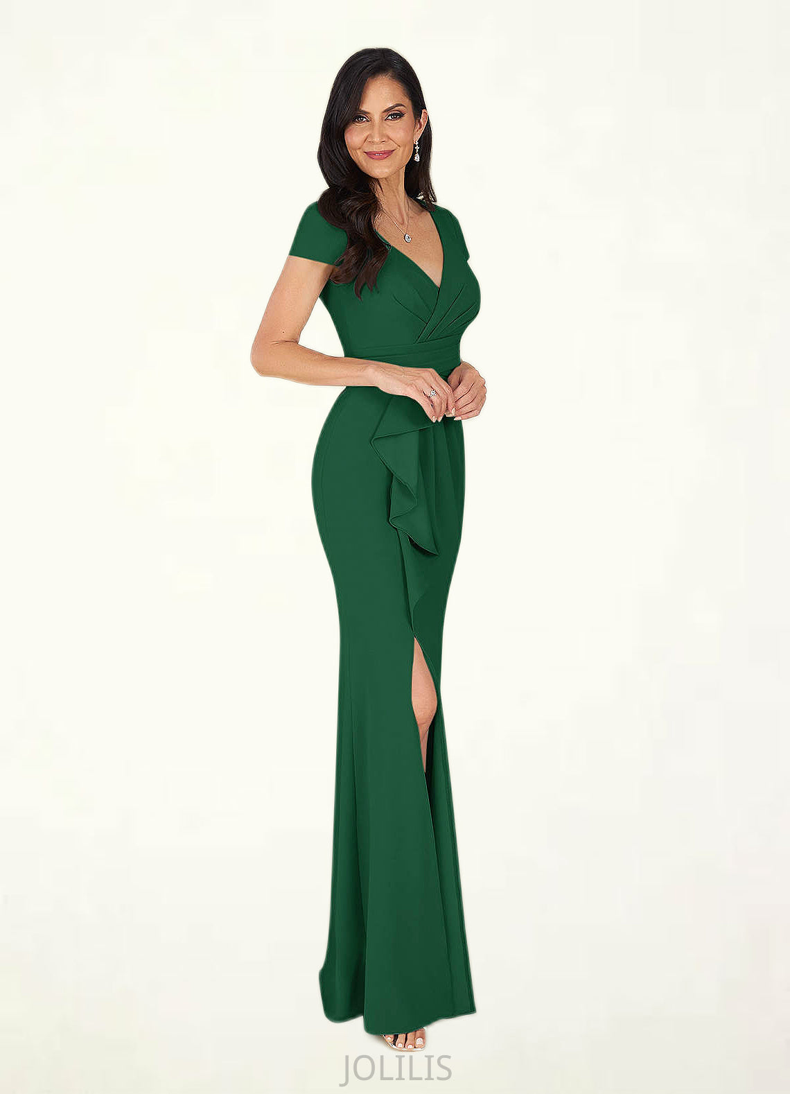 Riya Mermaid V-Neck Pleated Stretch Crepe Floor-Length Dress HIP0022649