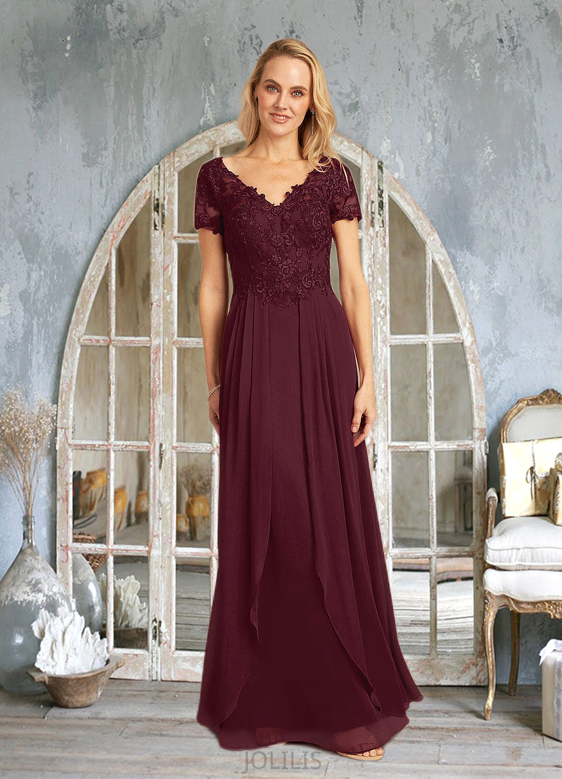 Valery A-Line Lace Chiffon Floor-Length Dress HIP0022662