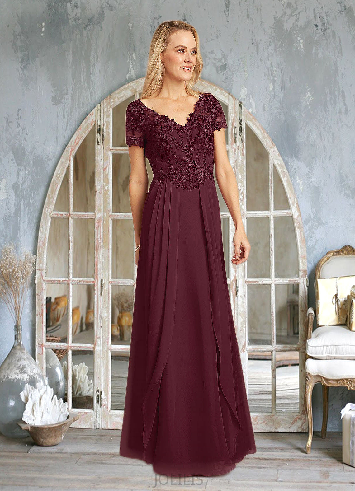 Valery A-Line Lace Chiffon Floor-Length Dress HIP0022662