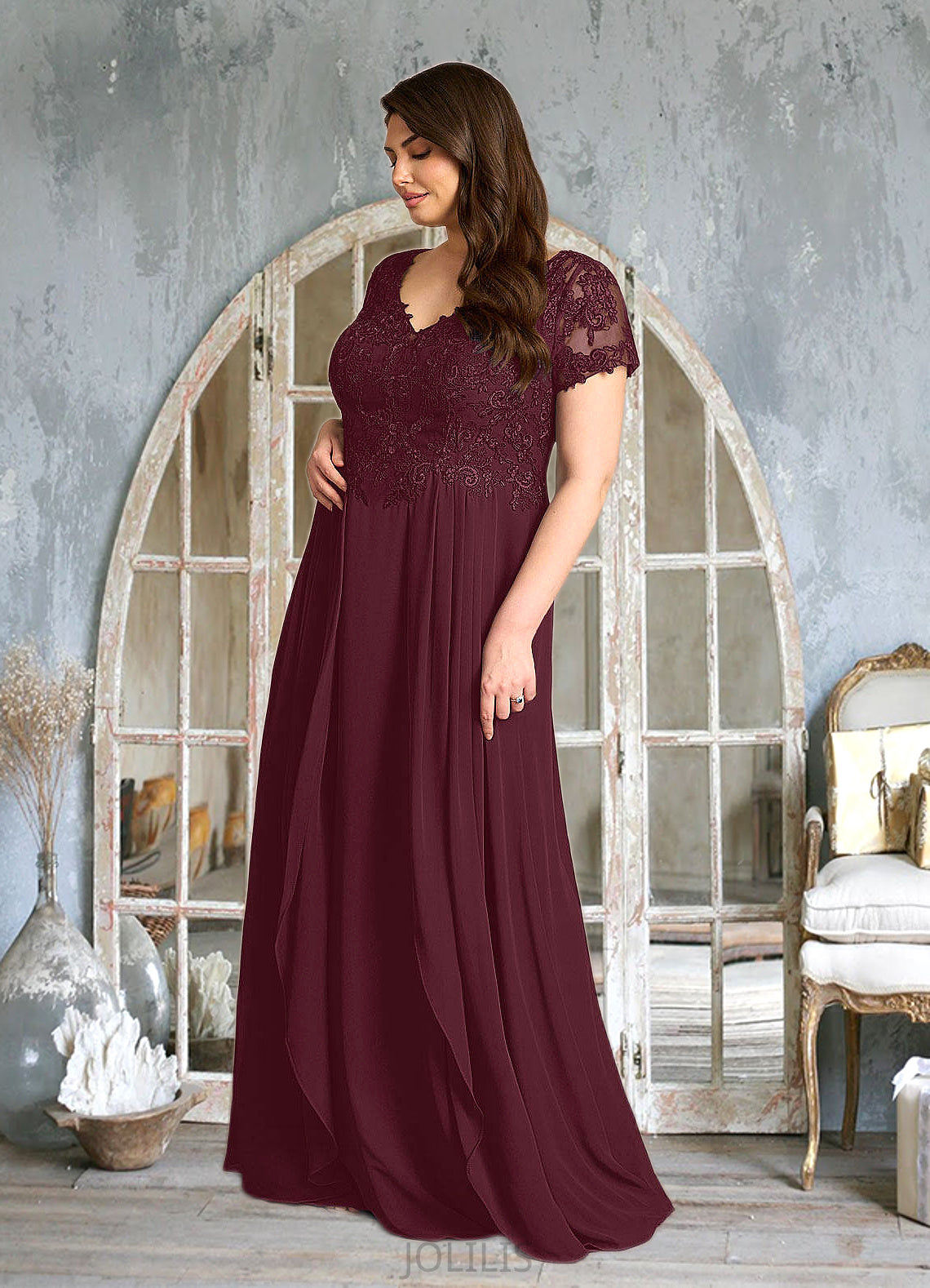 Valery A-Line Lace Chiffon Floor-Length Dress HIP0022662