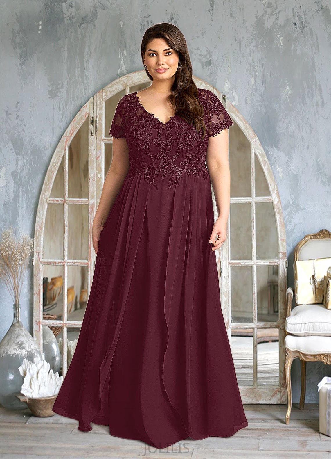 Valery A-Line Lace Chiffon Floor-Length Dress HIP0022662