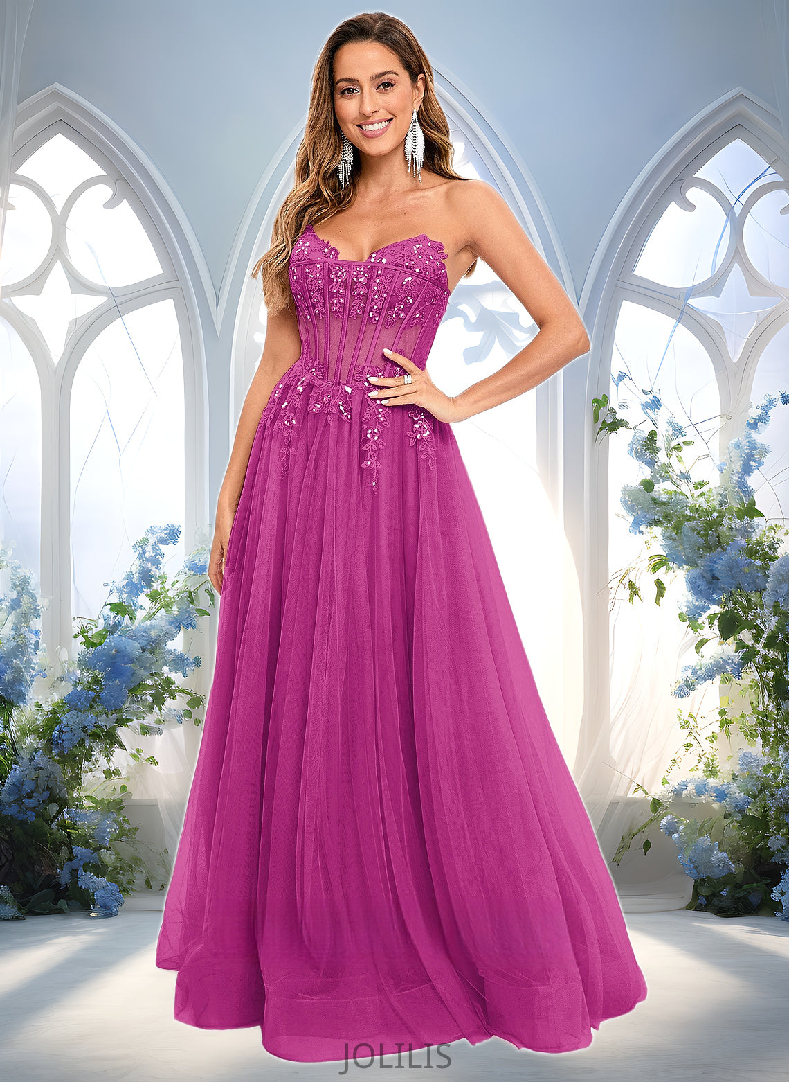 Melissa Ball-Gown/Princess V-Neck Floor-Length Tulle Prom Dresses With Sequins Appliques Lace HIP0025837