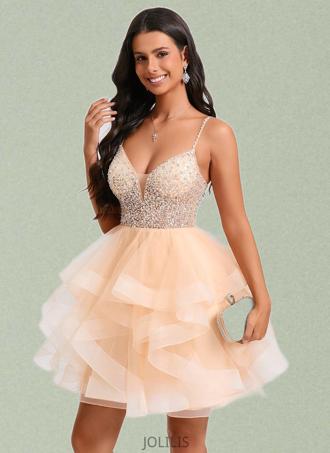 Raven Ball-Gown/Princess V-Neck Short Tulle Homecoming Dress With Beading Sequins HIP0025646