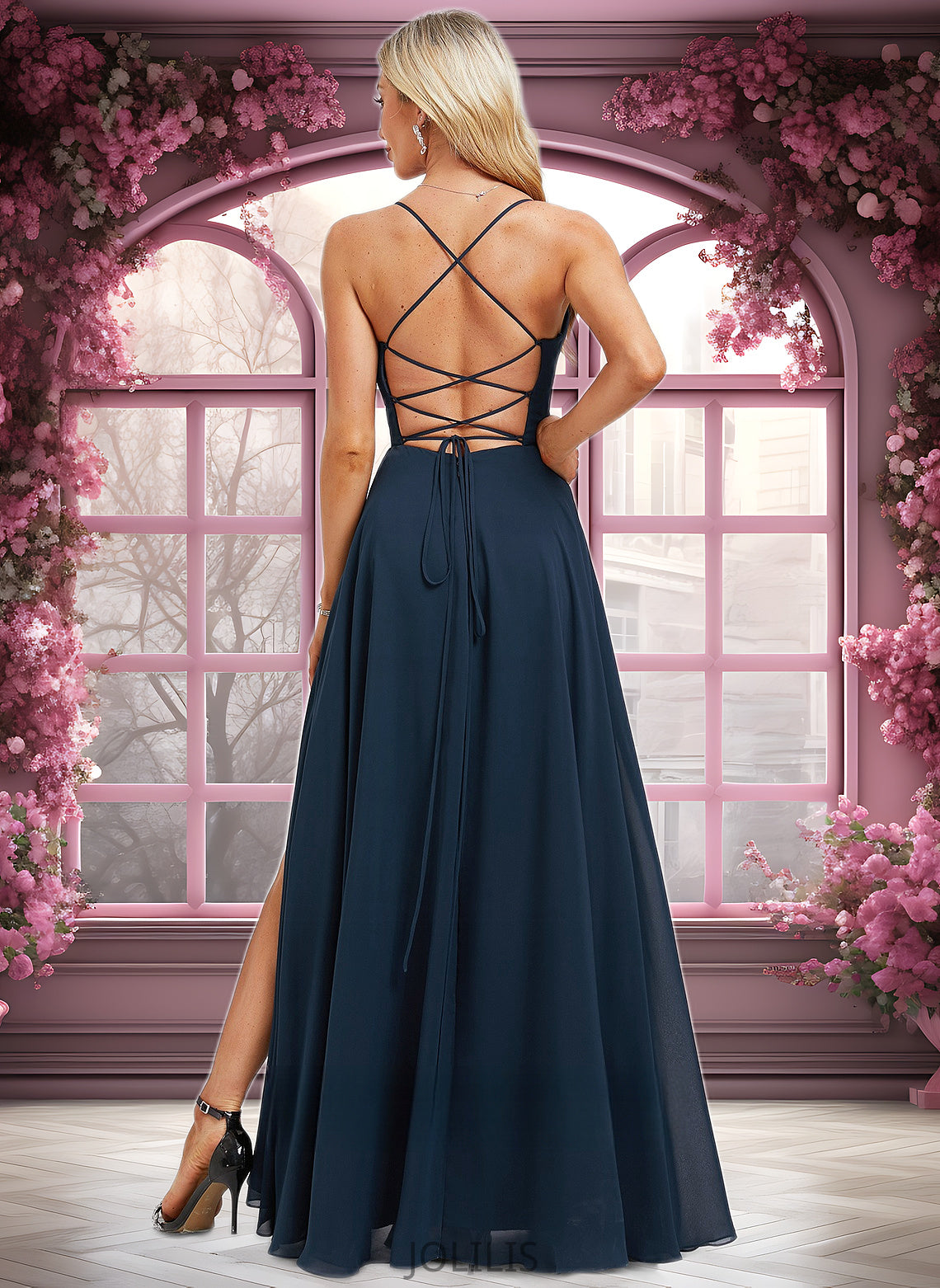 Miah A-line V-Neck Floor-Length Chiffon Prom Dresses With Pleated HIP0025830