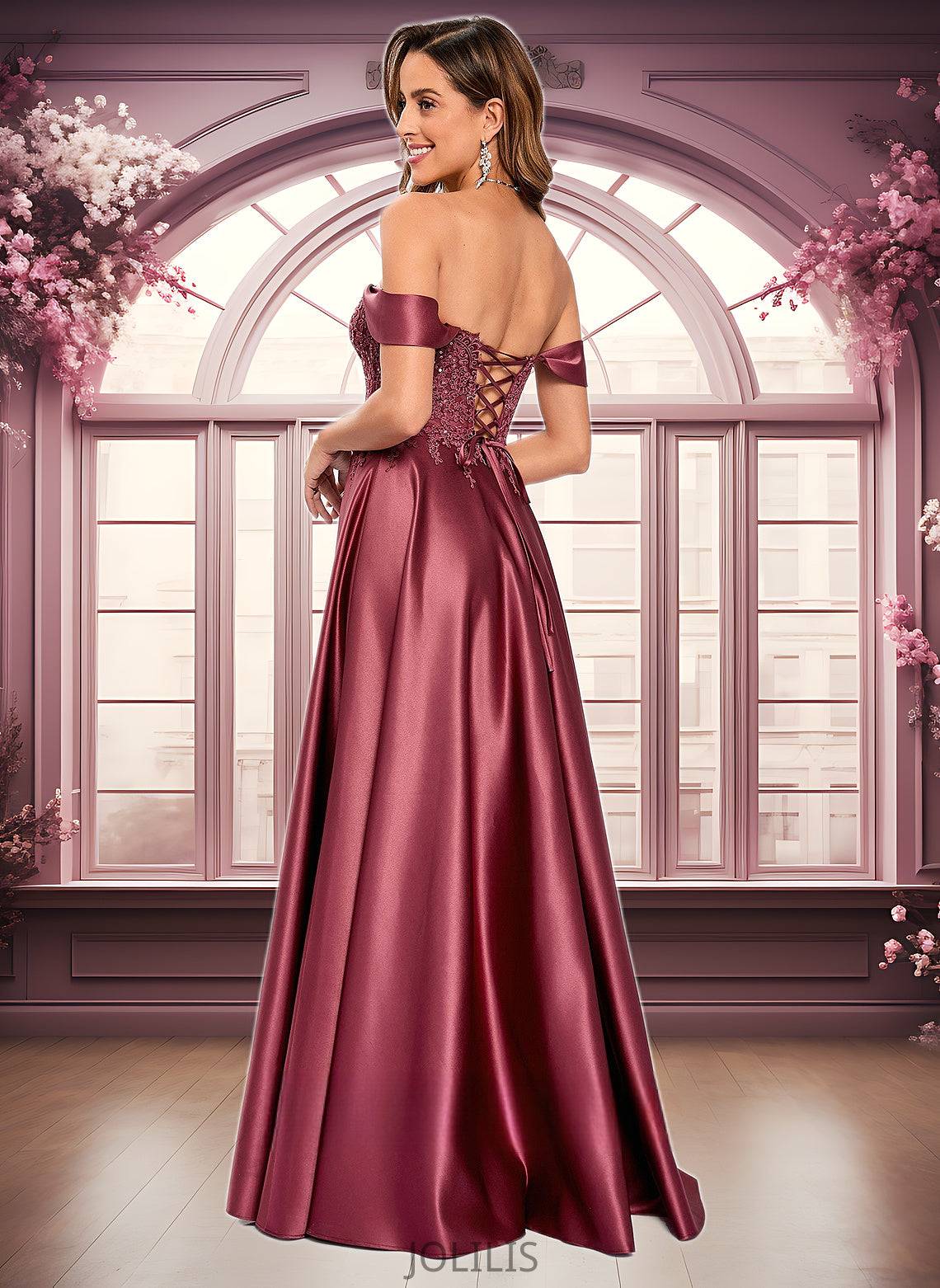 Maia A-line Off the Shoulder Floor-Length Satin Lace Prom Dresses With Sequins HIP0025841