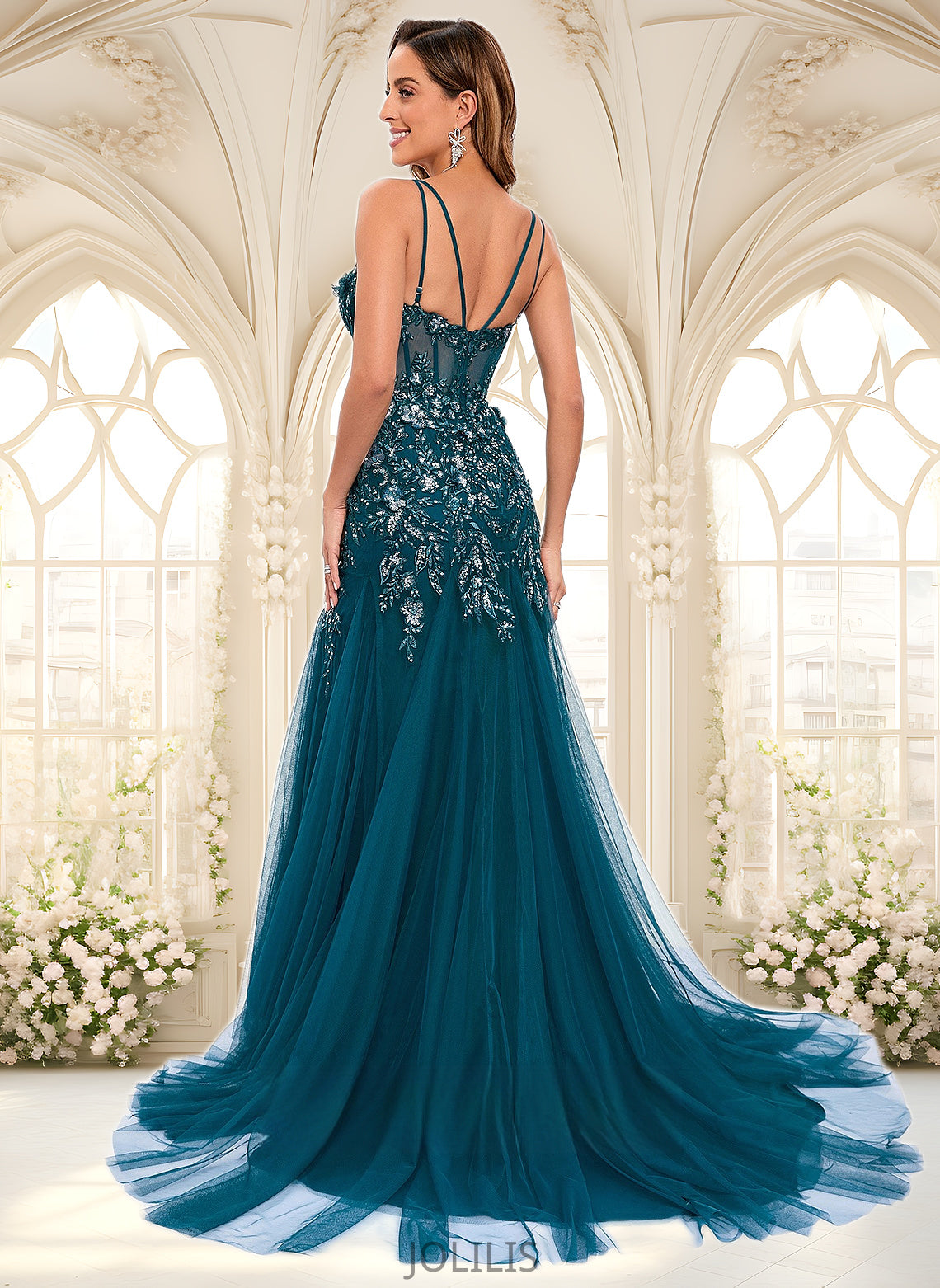 Noemi Trumpet/Mermaid V-Neck Sweep Train Tulle Prom Dresses With Sequins Appliques Lace HIP0025853