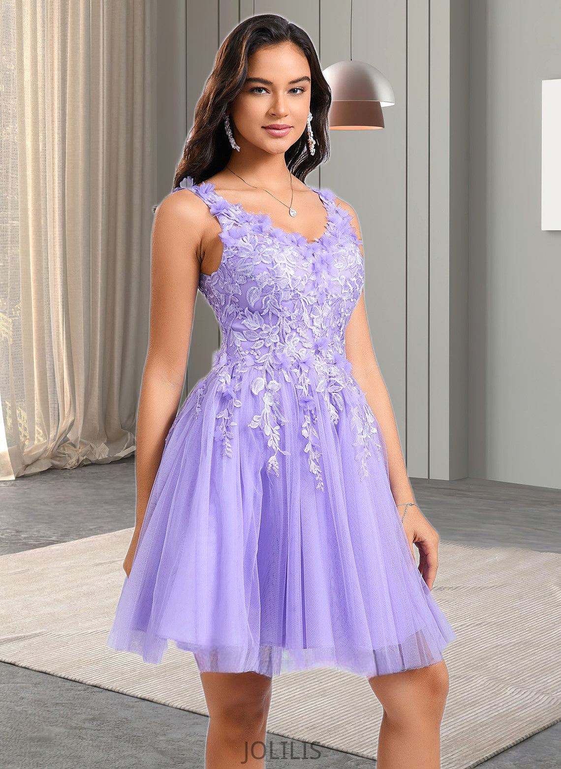 Martina Ball-Gown/Princess V-Neck Short Lace Tulle Homecoming Dress With Flower HIP0025656