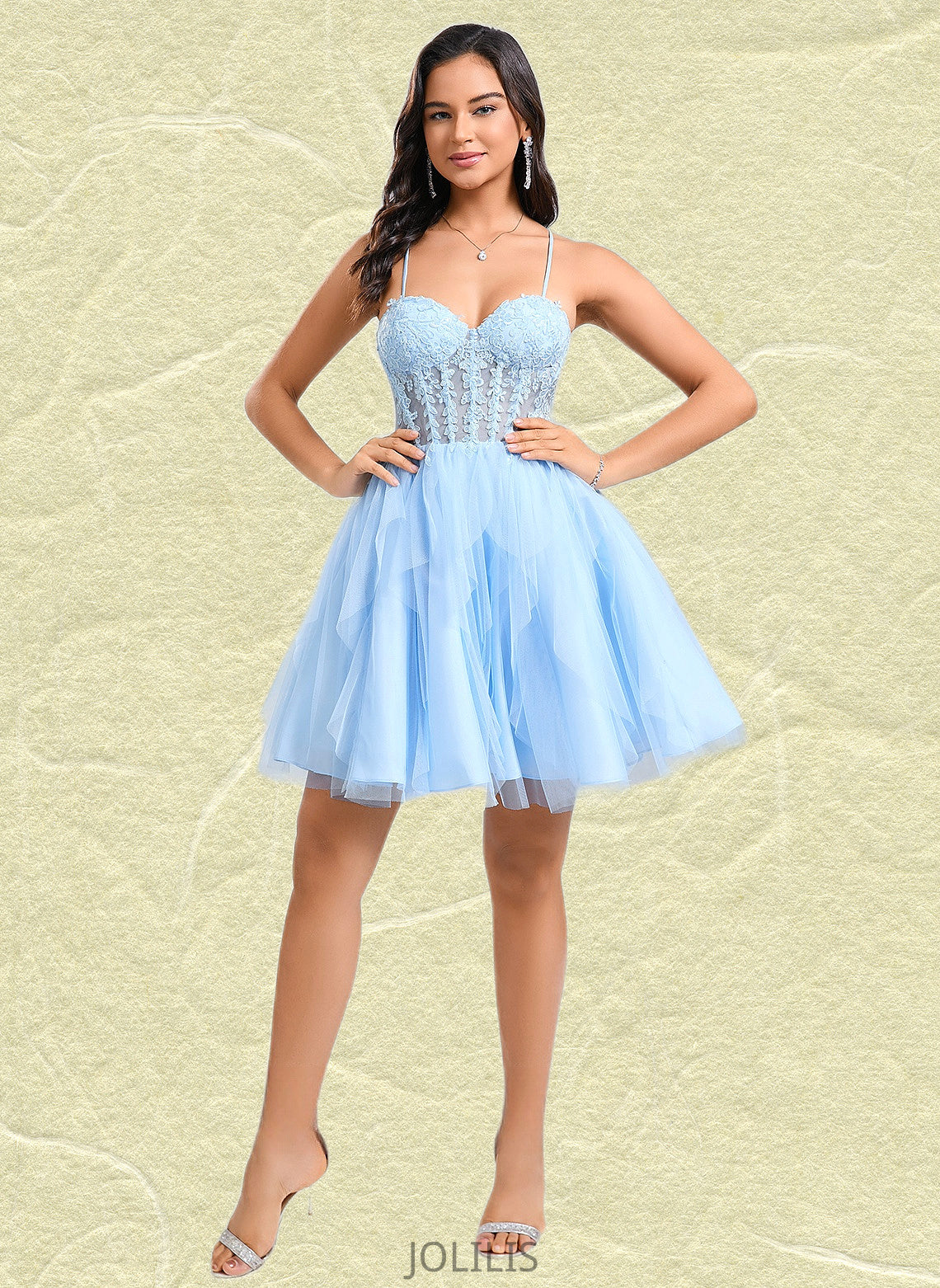 Madge Ball-Gown/Princess Sweetheart Short Lace Tulle Homecoming Dress With Ruffle HIP0025707