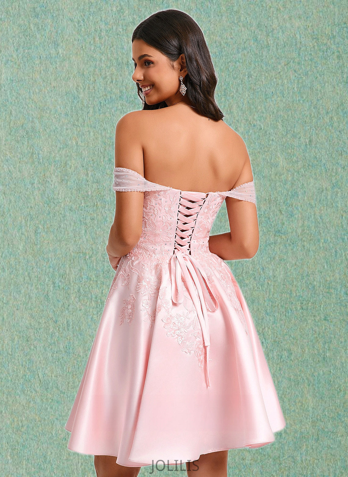 April A-line Off the Shoulder Short Satin Homecoming Dress With Rhinestone Beading Appliques Lace HIP0025679