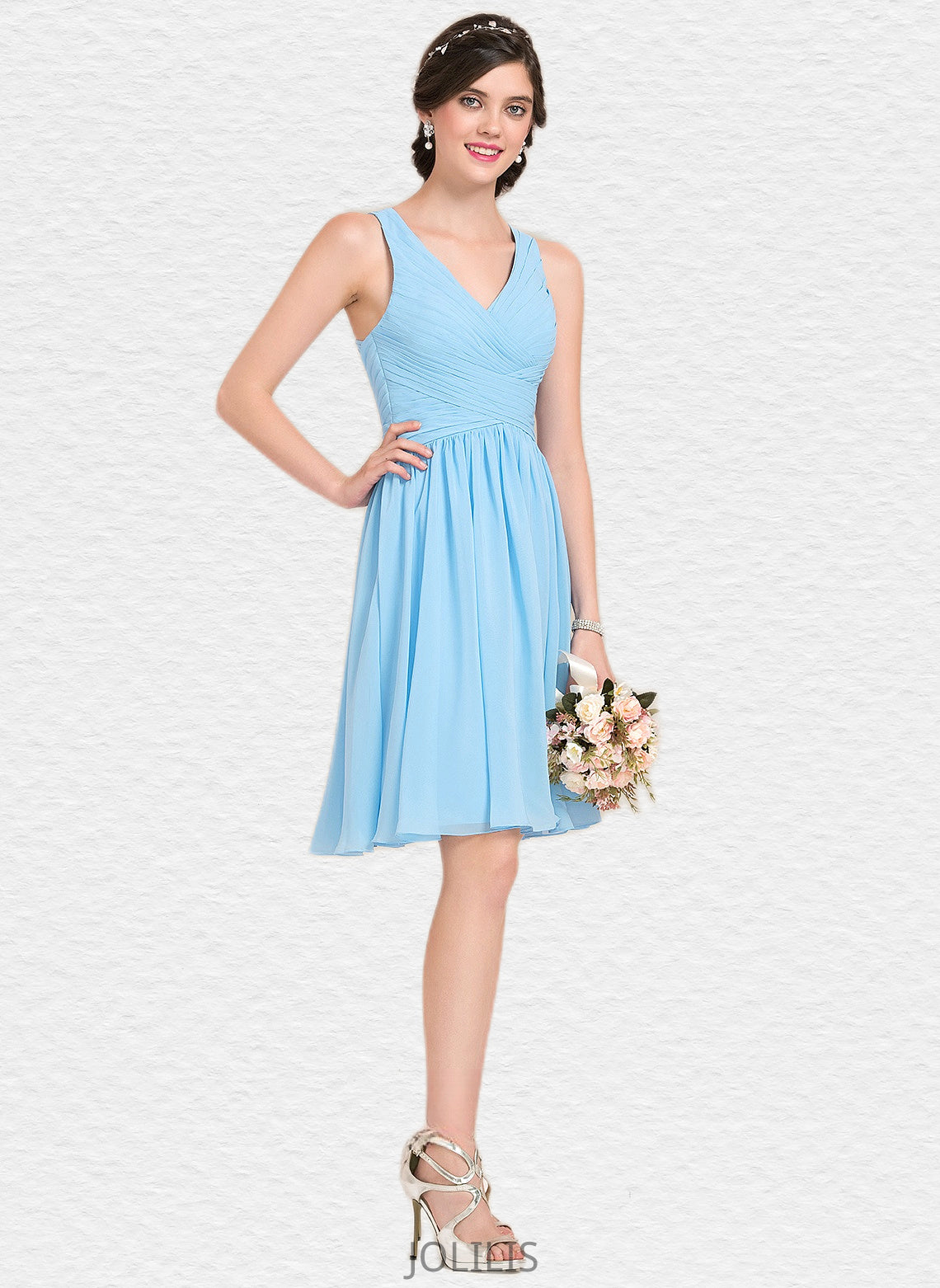 Lillie A-line V-Neck Knee-Length Chiffon Homecoming Dress With Ruffle HIP0025703