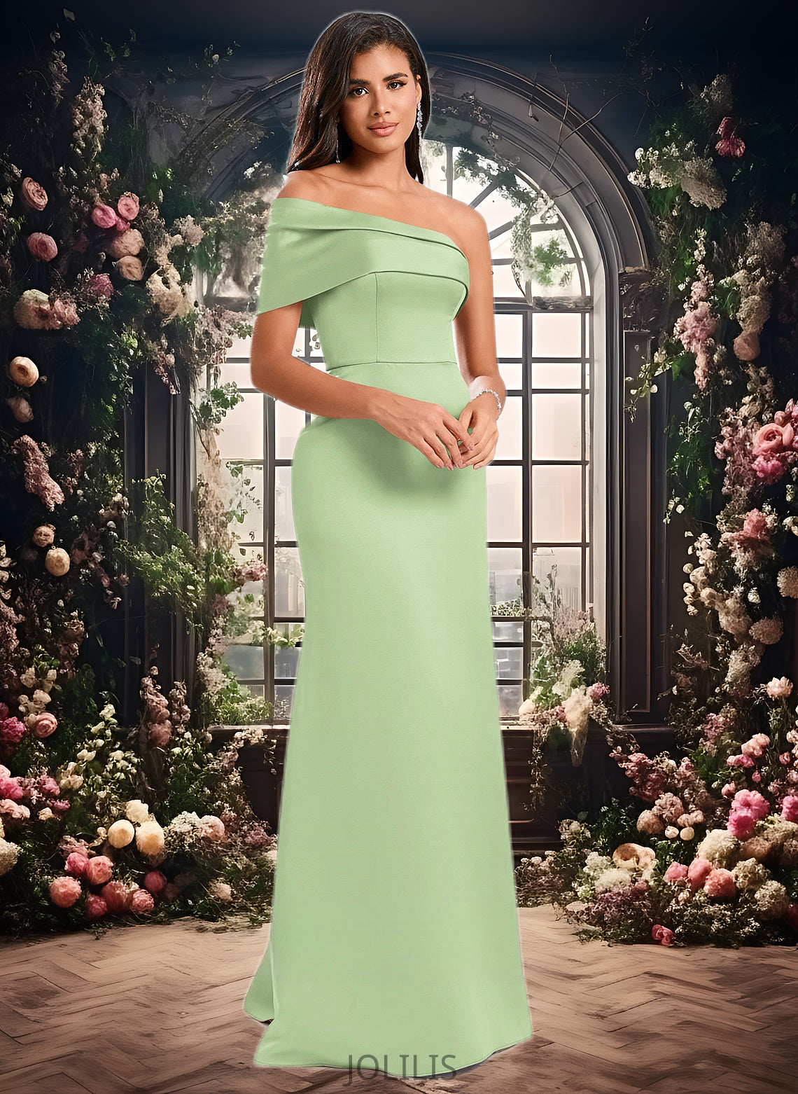 Carolina A-line Asymmetrical Off the Shoulder Floor-Length Satin Prom Dresses HIP0025884