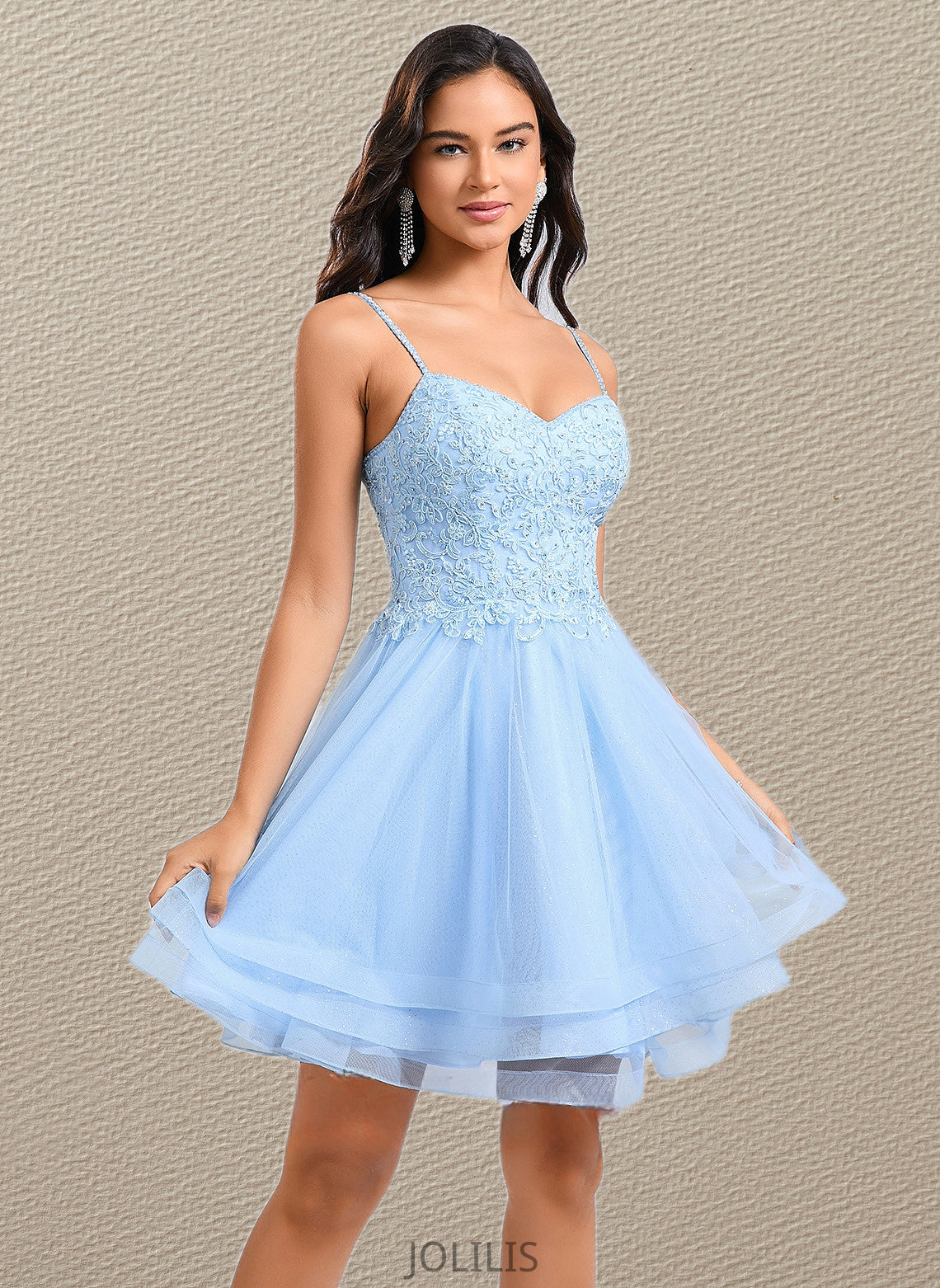 Sadie A-line V-Neck Short Lace Tulle Homecoming Dress With Rhinestone Sequins HIP0025658