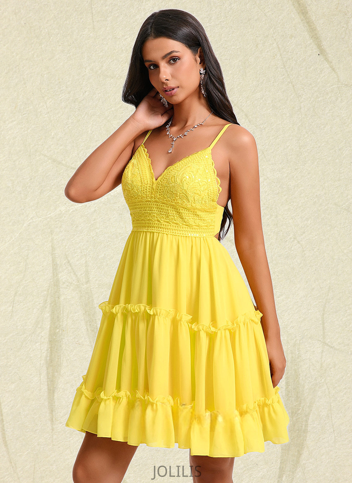 Alisson A-line V-Neck Short Chiffon Homecoming Dress With Ruffle Sequins HIP0025700