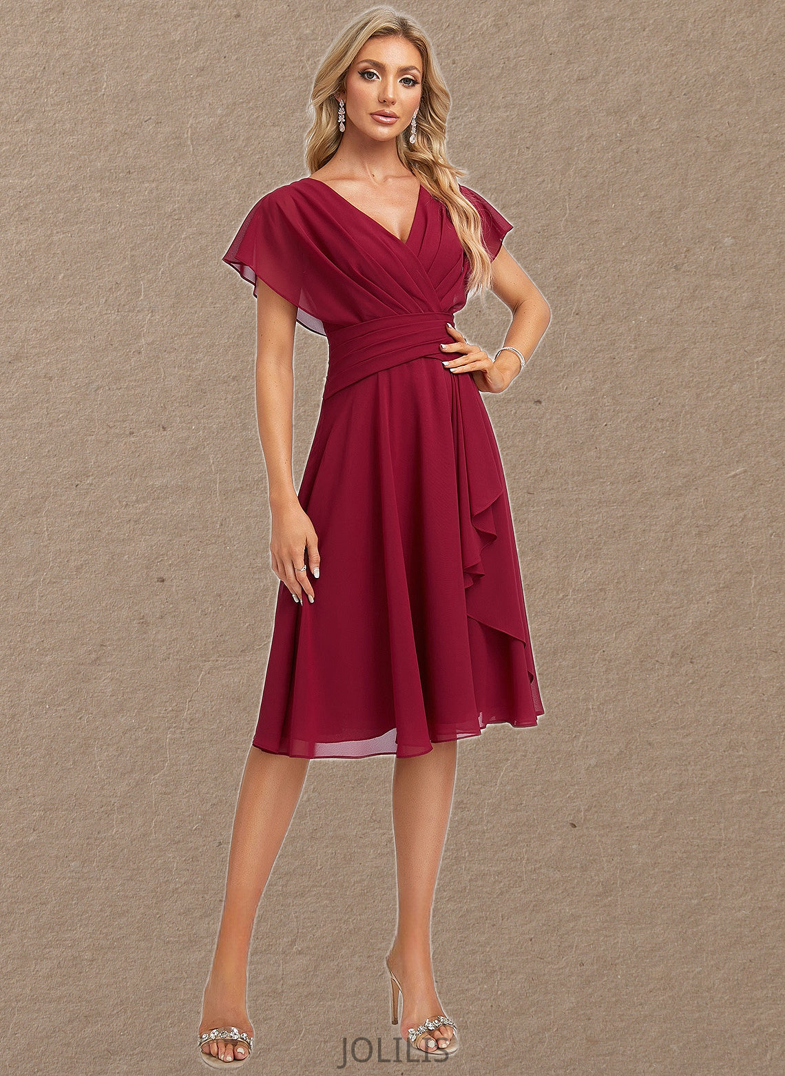 Lilly A-line V-Neck Knee-Length Chiffon Homecoming Dress With Ruffle HIP0025716