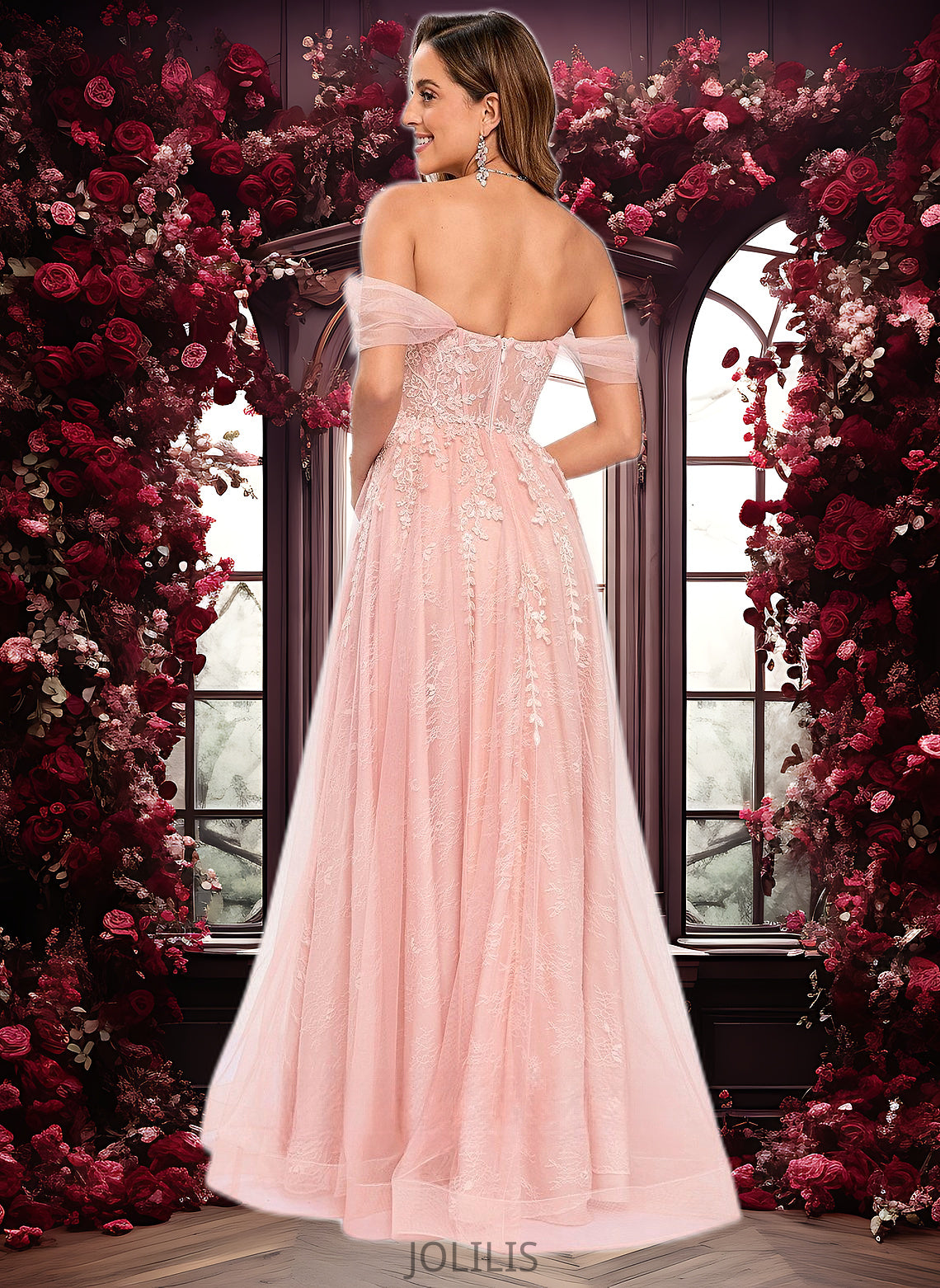 Alyssa A-line Sweetheart Off the Shoulder Floor-Length Tulle Floral Lace Prom Dresses With Appliques Lace HIP0025870