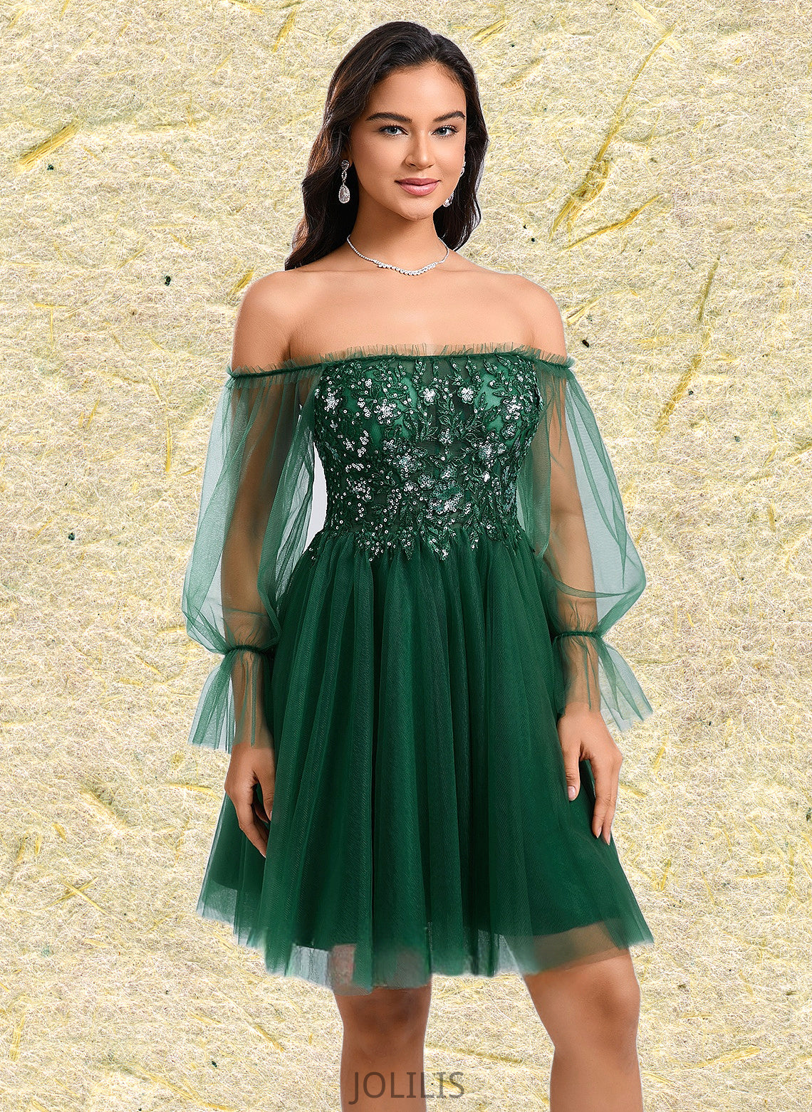 Briana A-line Off the Shoulder Short Tulle Homecoming Dress With Sequins Appliques Lace HIP0025663