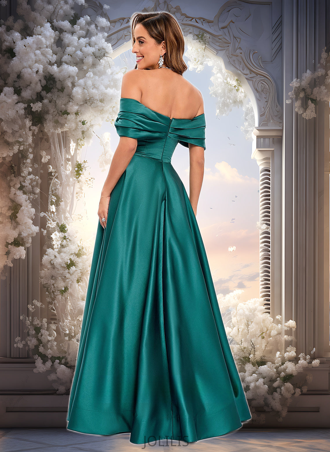 Reese A-line Off the Shoulder Floor-Length Satin Prom Dresses With Pleated HIP0025851