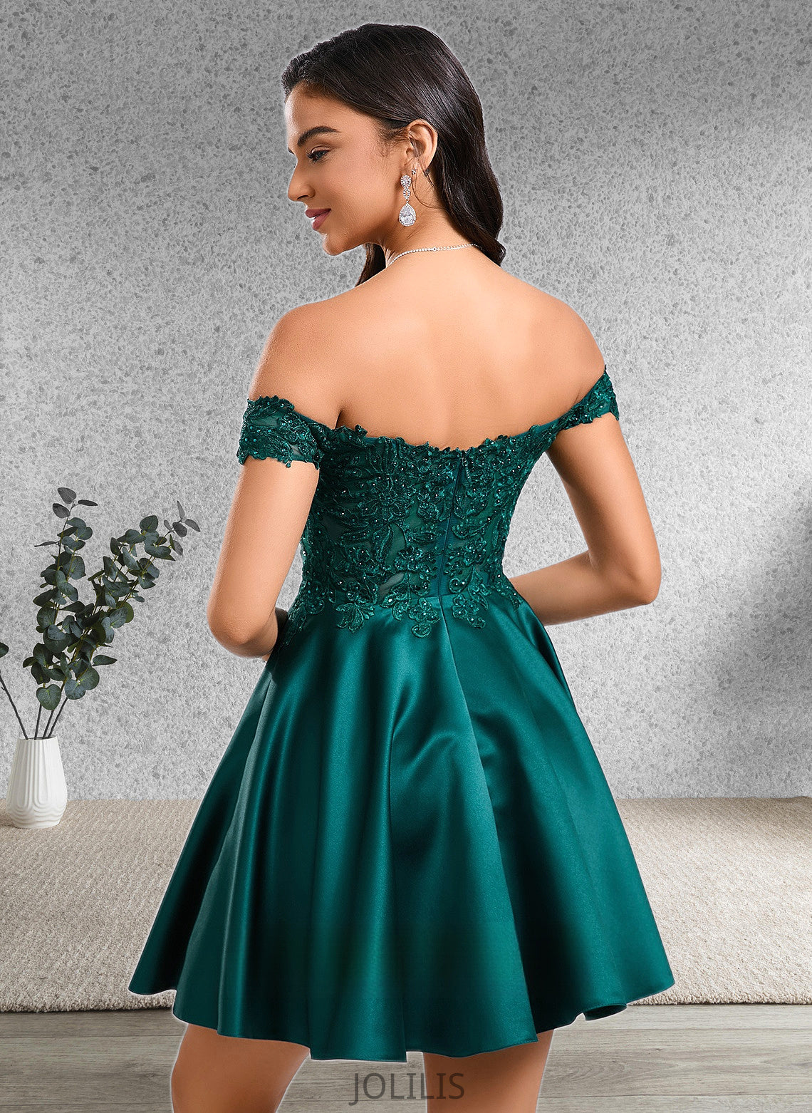 Jean A-line Off the Shoulder Short Lace Satin Homecoming Dress With Rhinestone HIP0025718