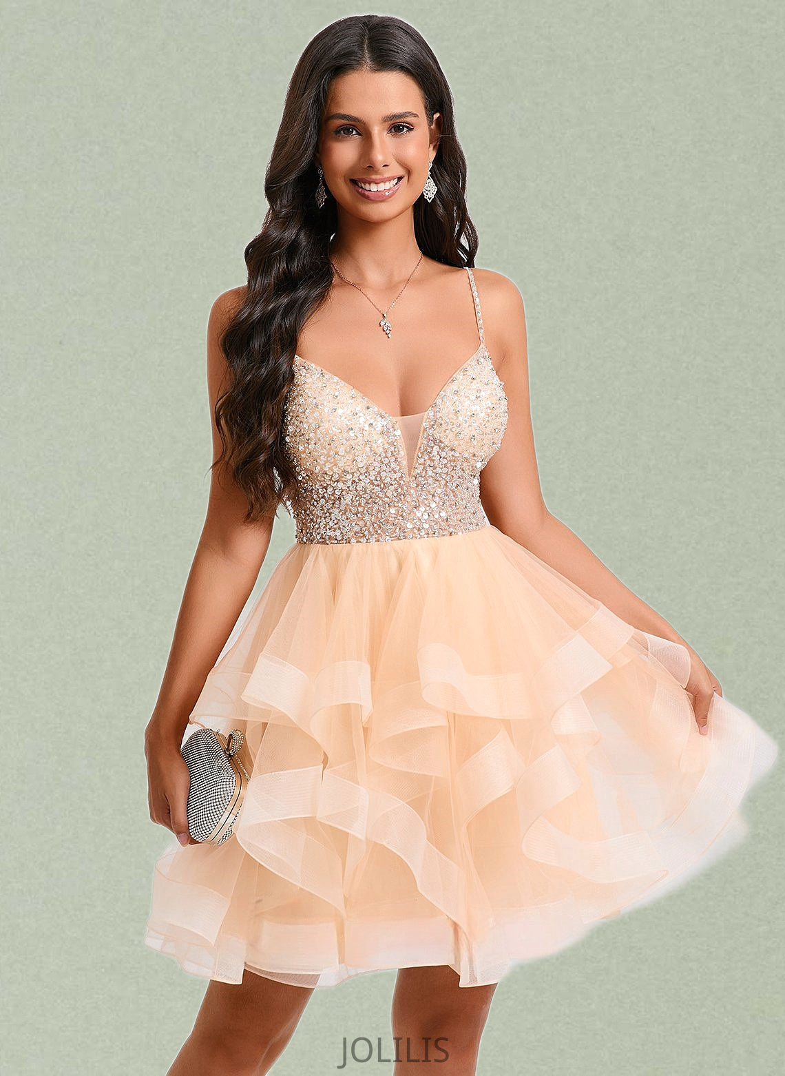 Raven Ball-Gown/Princess V-Neck Short Tulle Homecoming Dress With Beading Sequins HIP0025646