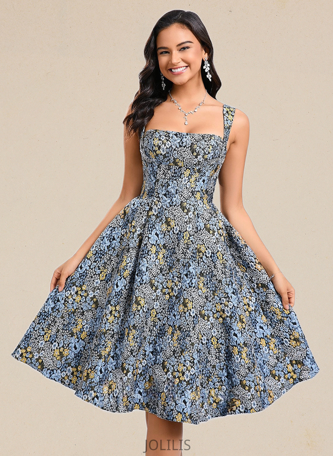 Susan A-line Square Knee-Length Jacquard Homecoming Dress With Bow HIP0025687